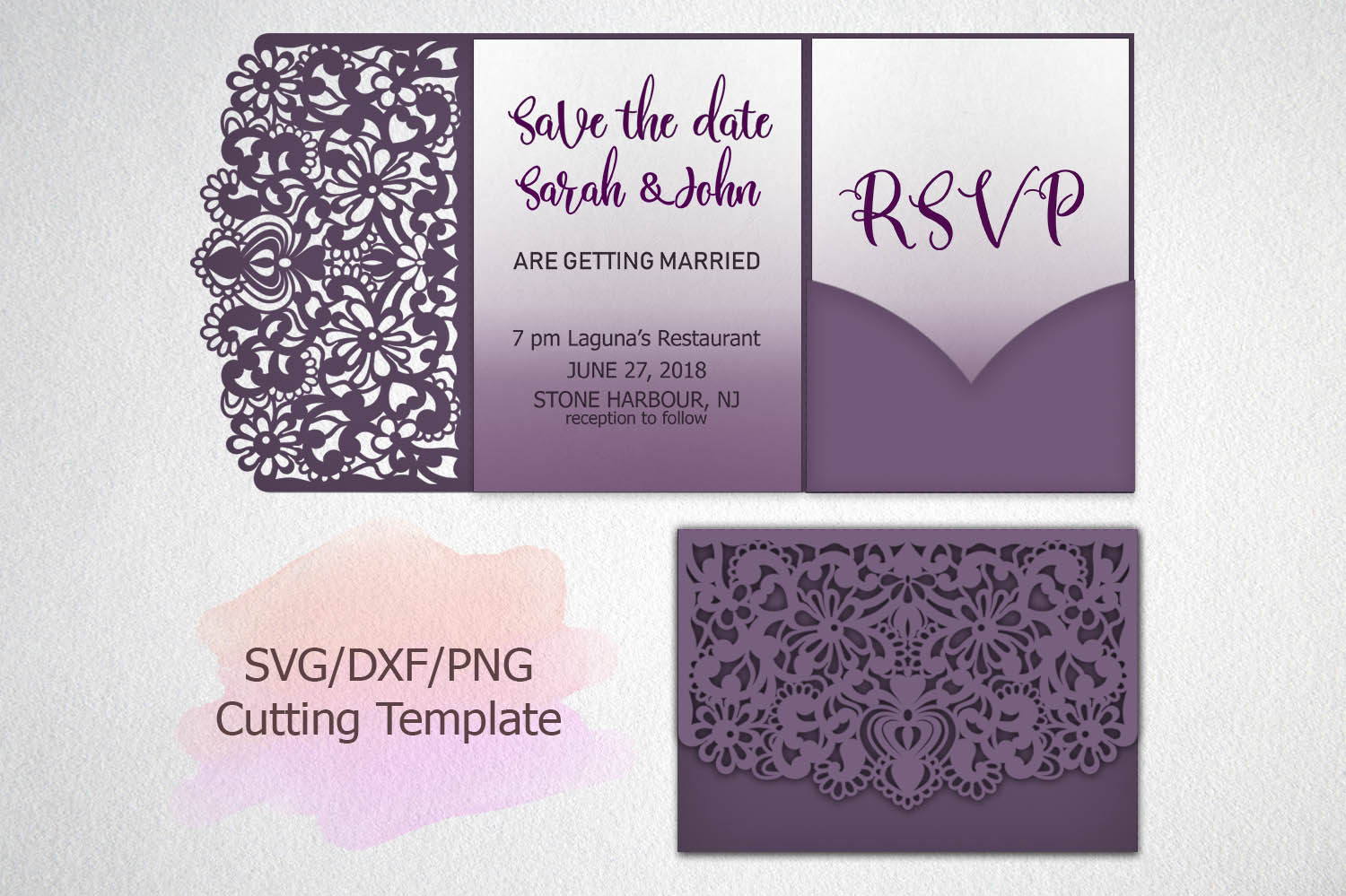 Download Tri Fold Wedding Invitation Lace pocket envelope svg dxf cut