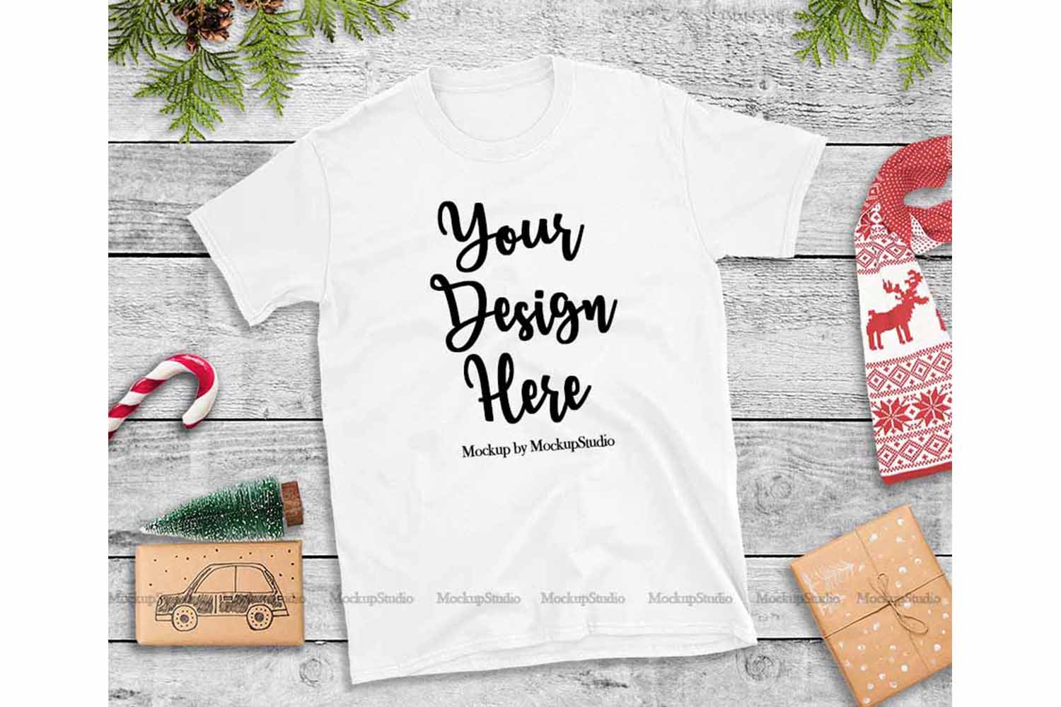 Download White Christmas Tshirt Mockup Flat Lay Holiday Shirt Display (152528) | Mock Ups | Design Bundles