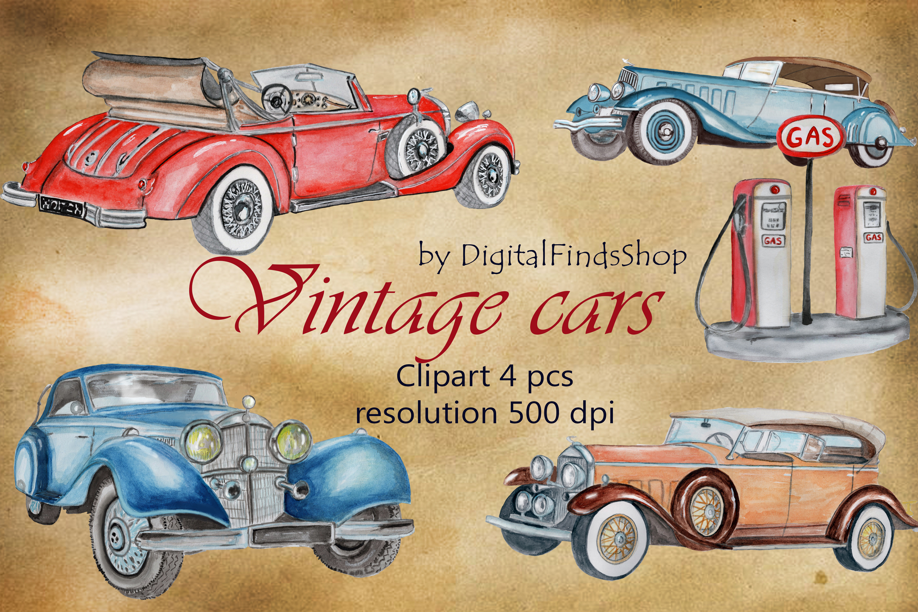 Vintage car clipart, sublimation watercolor clipart, retro (355458