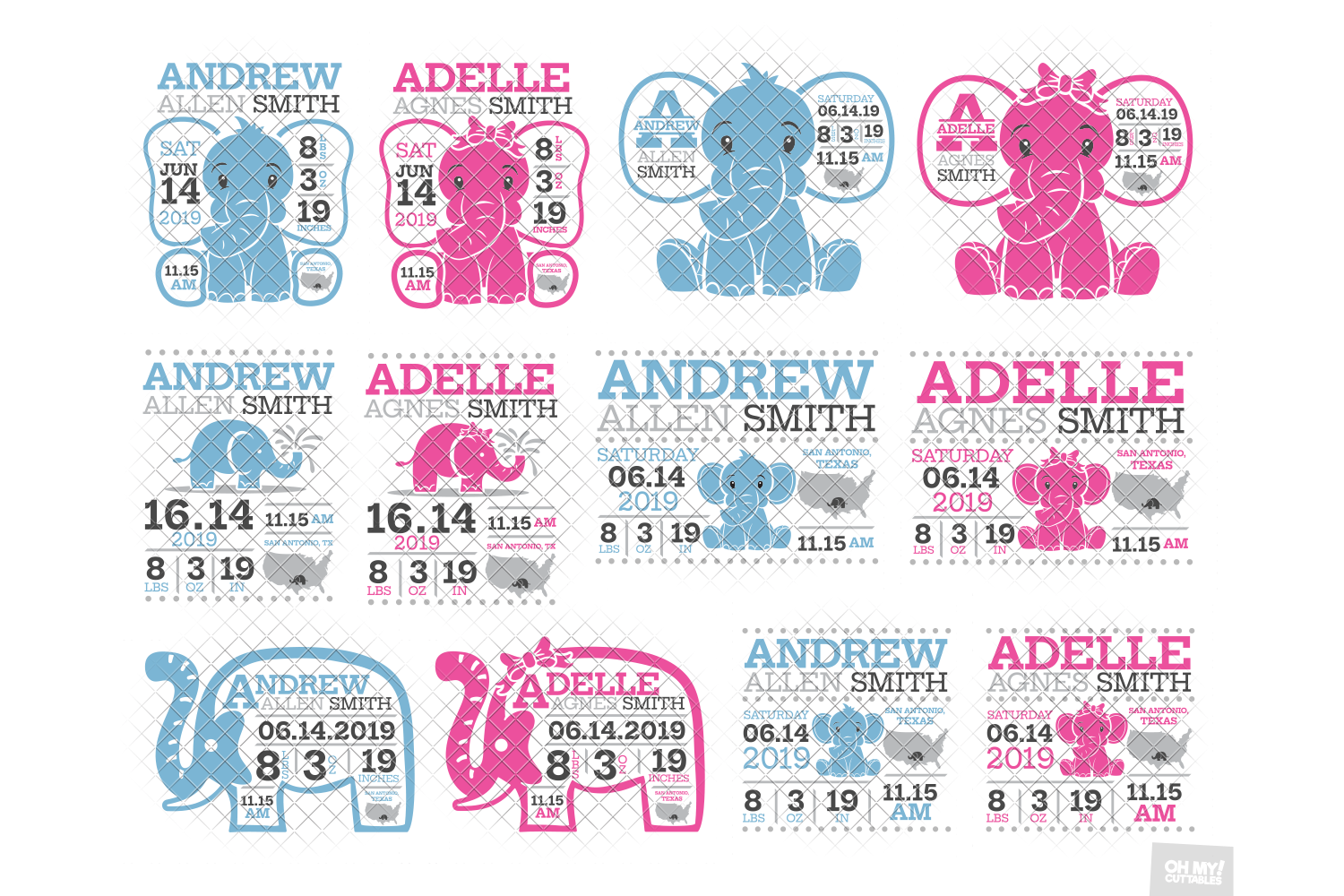 Elephant Birth Announcement SVG Ear Birth Stats Template