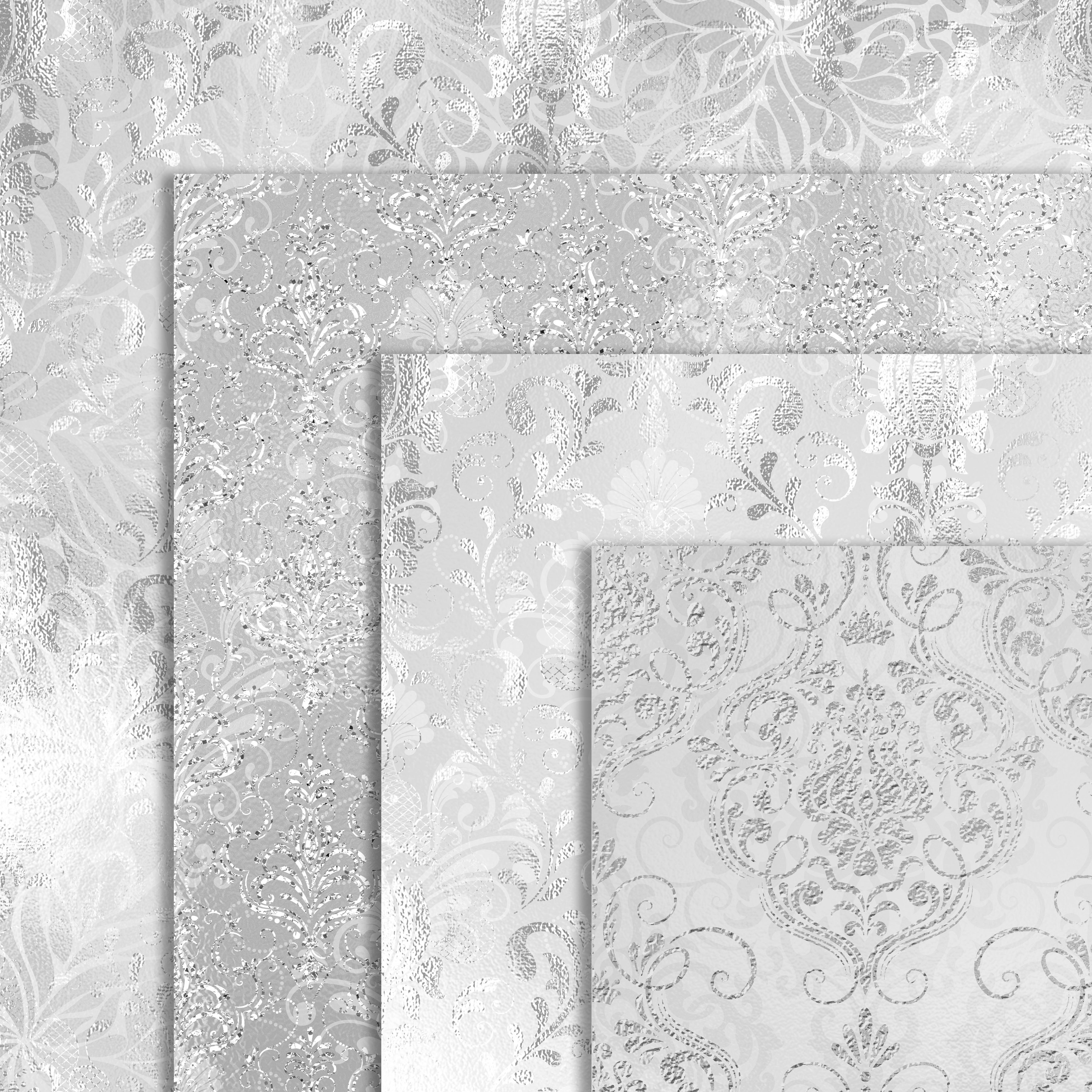 16 Silver Wedding Shimmer Distressed Foil Damask Papers (93551