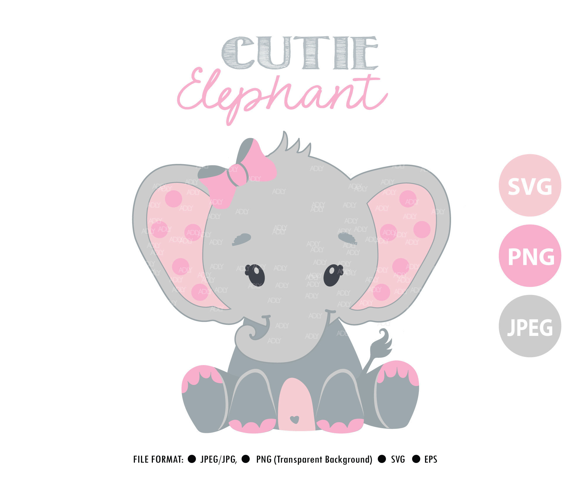 Pink and grey baby elephant SVG, clip art, cricut file PNG (466923