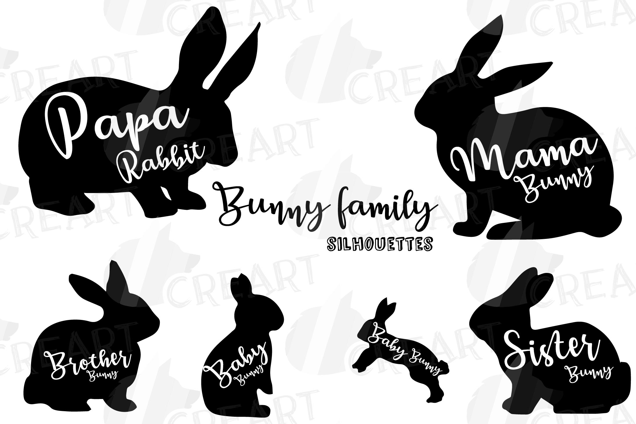 Rabbit family silhouettes, bunny silhouette svg cutting file