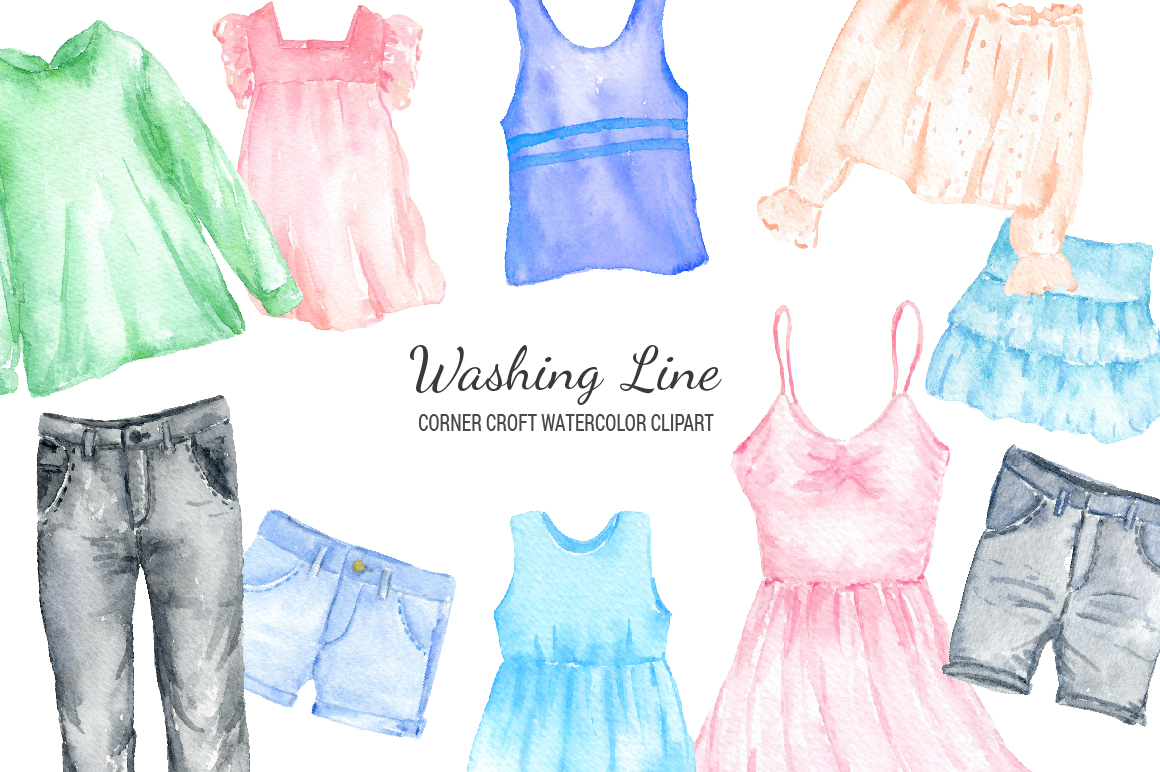 Watercolor washing line clipart, clothes line clipart, fashion clothes