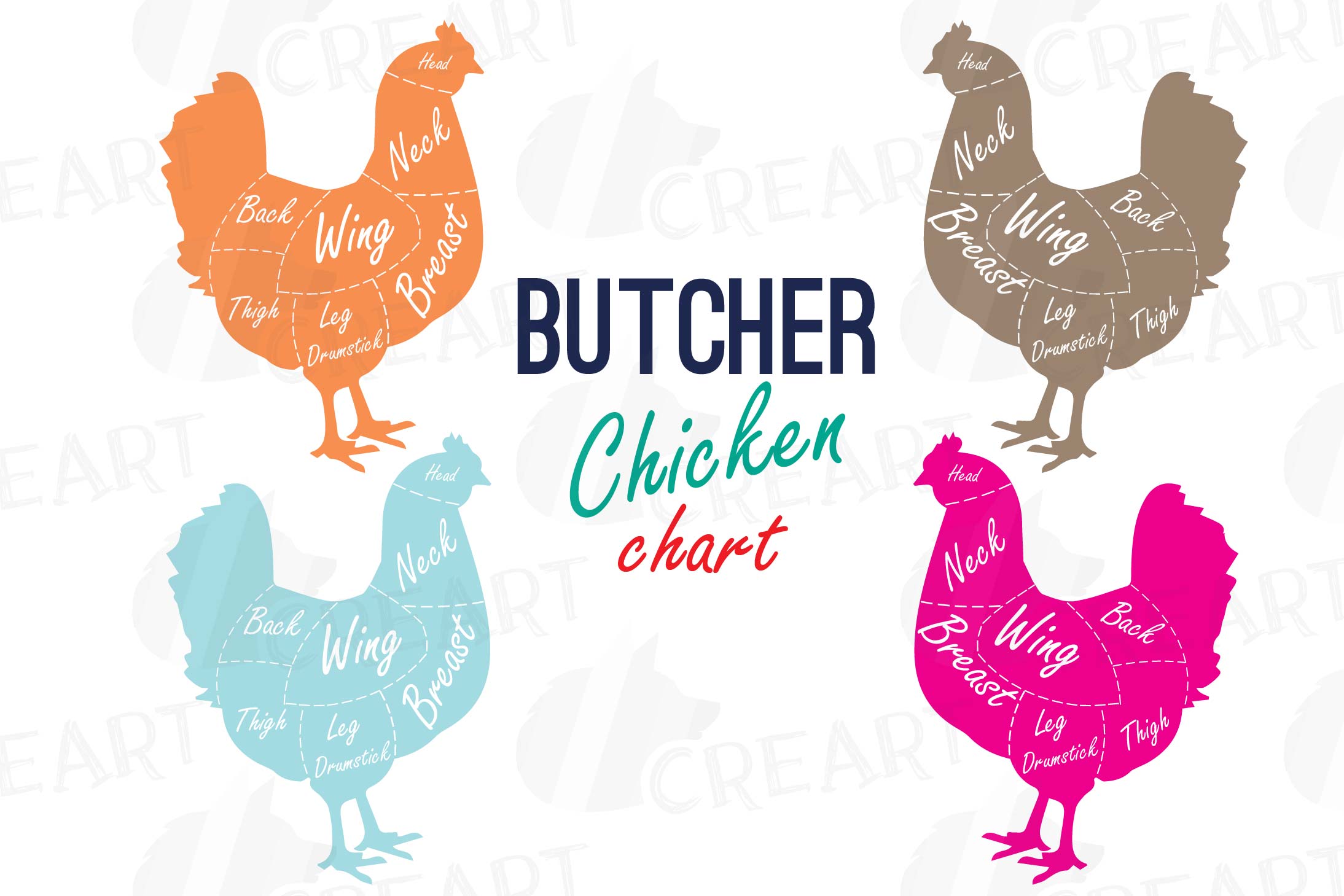 Butcher chicken diagram clip art, digital chicken chart, chi