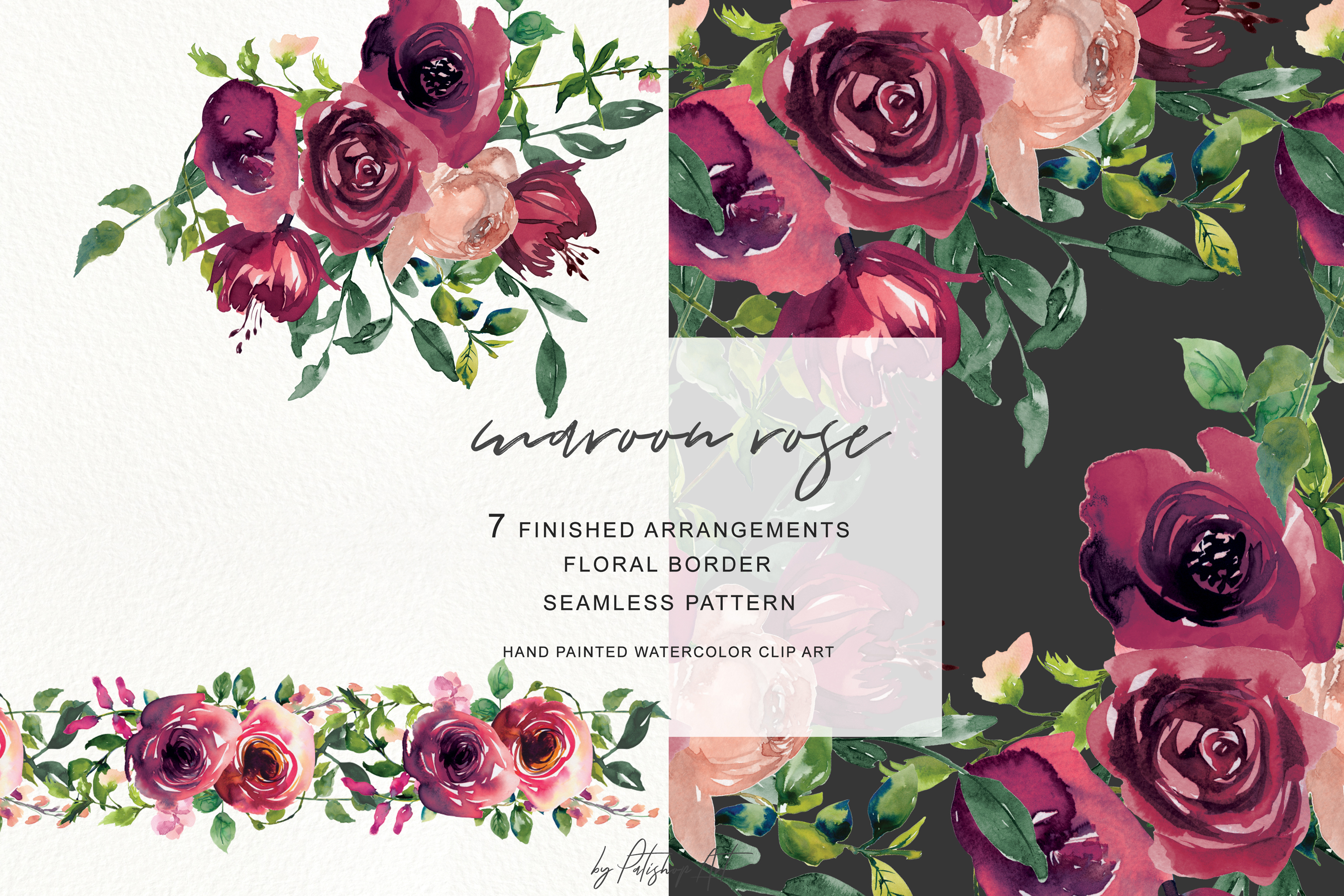 Watercolor Maroon Rose Clipart Floral Bouquet (149422) | Illustrations ...