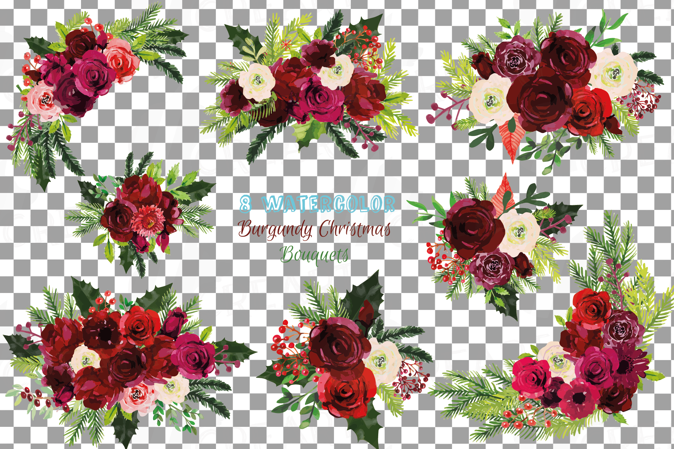 Watercolor burgundy red Christmas bouquets, holiday floral example image 2.