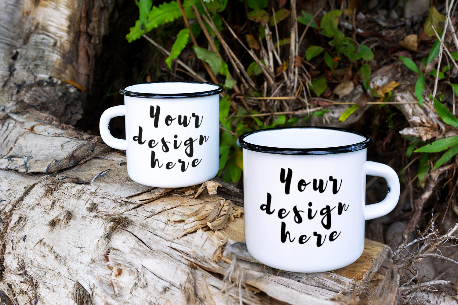 Download Two white campfire enamel mug mockup with tree stump ...