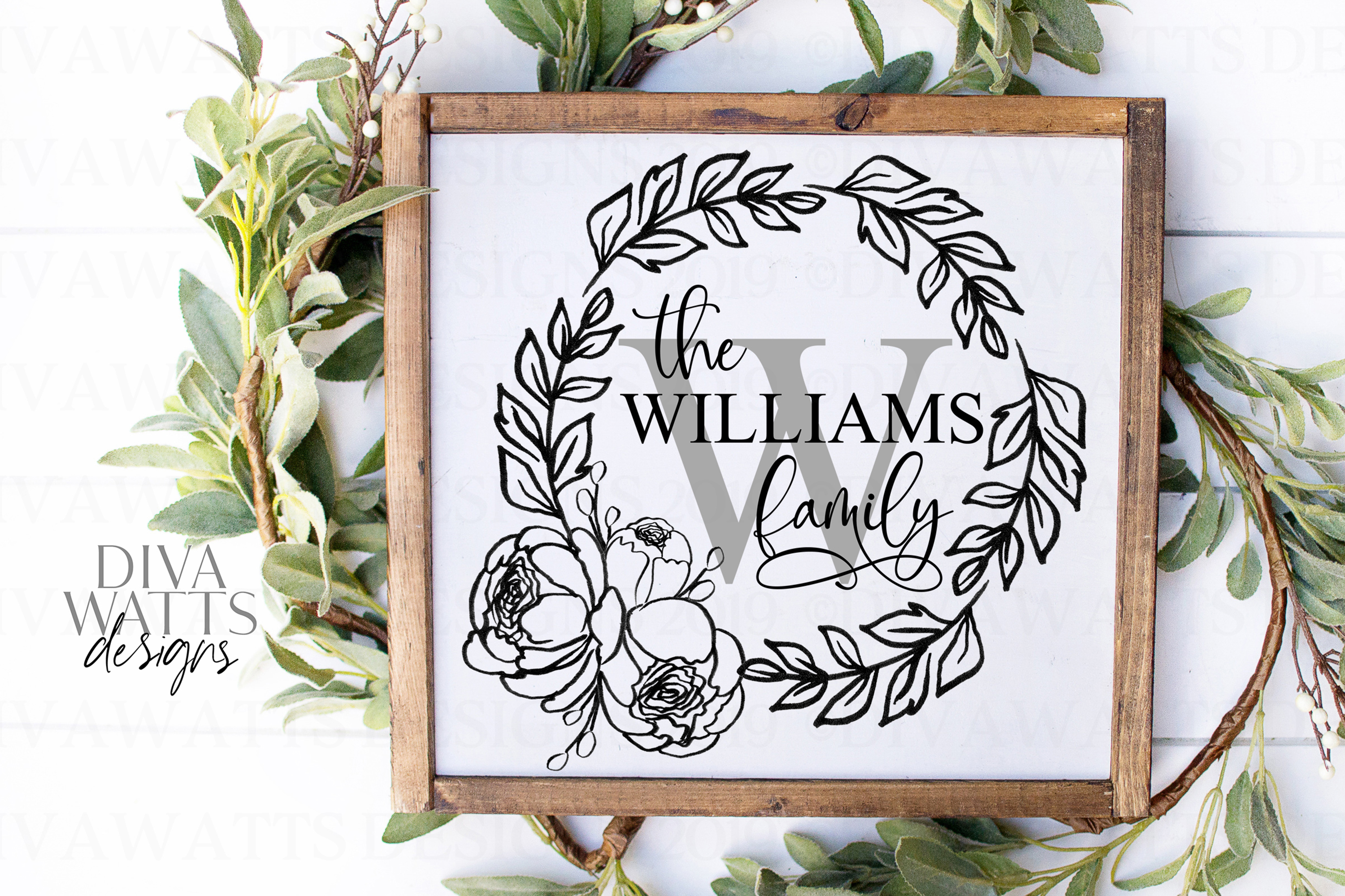 Monogram Family Name Farmhouse Wreath with Peonies SVG