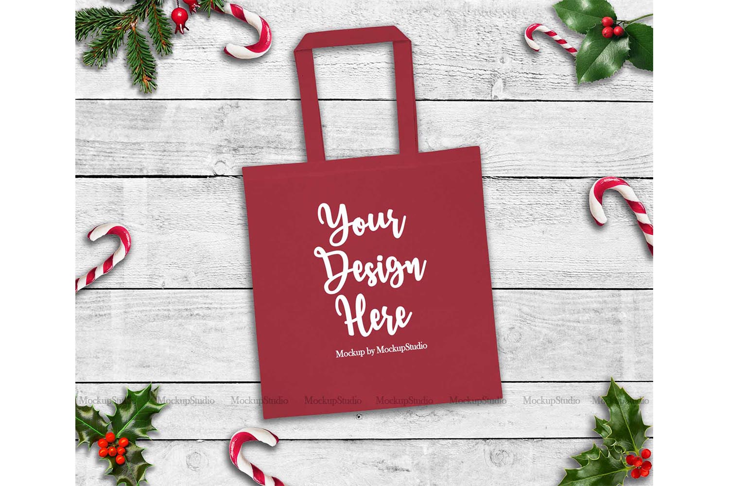 Download Christmas Red Tote Bag Mockup, Winter Canvas Tote Flat Lay ...