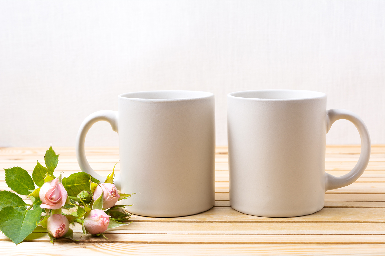 Two White Coffee Mug Mockup With Tender Pale Pink Roses