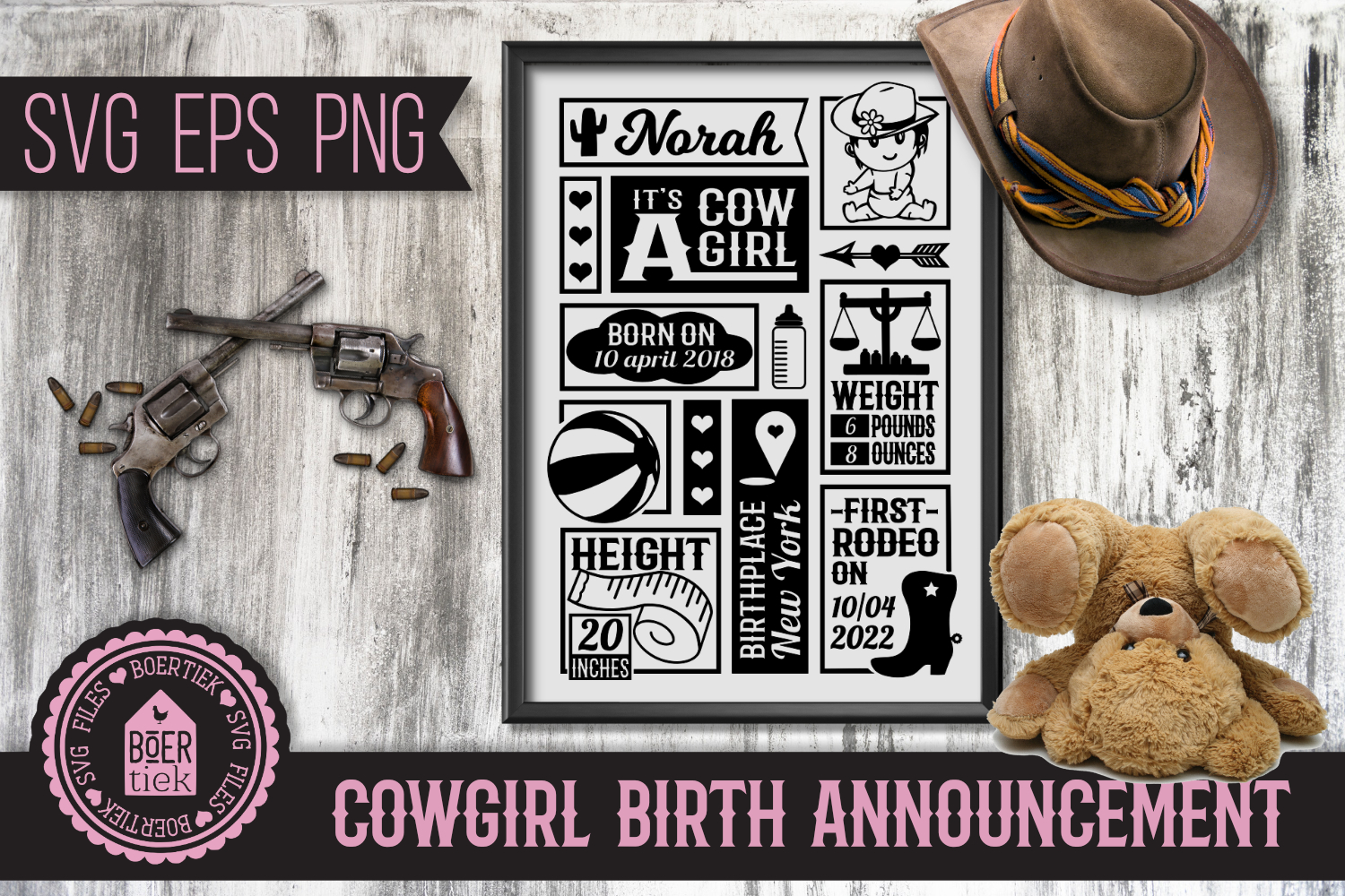 Download Cowgirl birth announcement, baby birth stats template, SVG