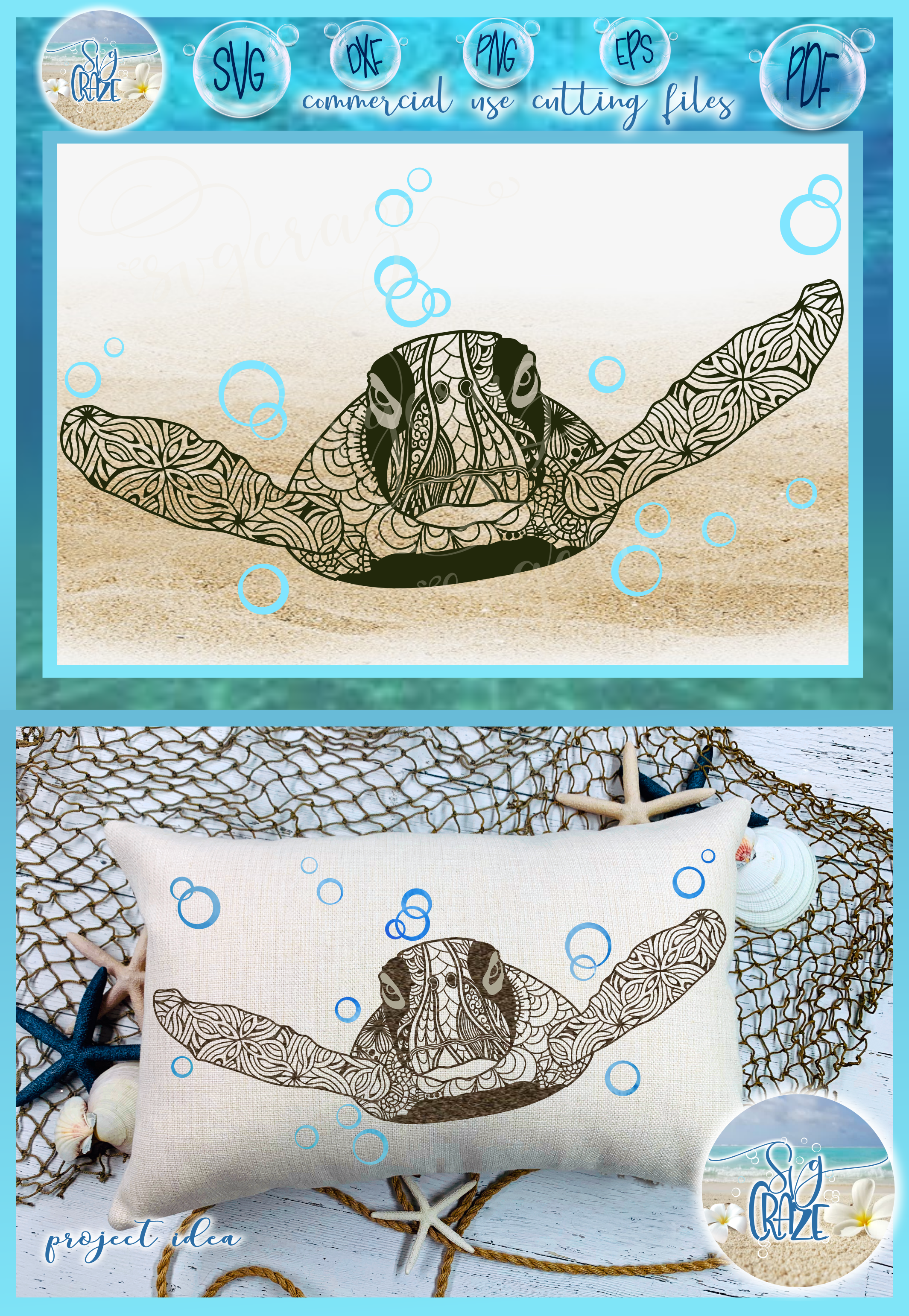 Download Sea Turtle Mandala Swimming with Bubbles SVG