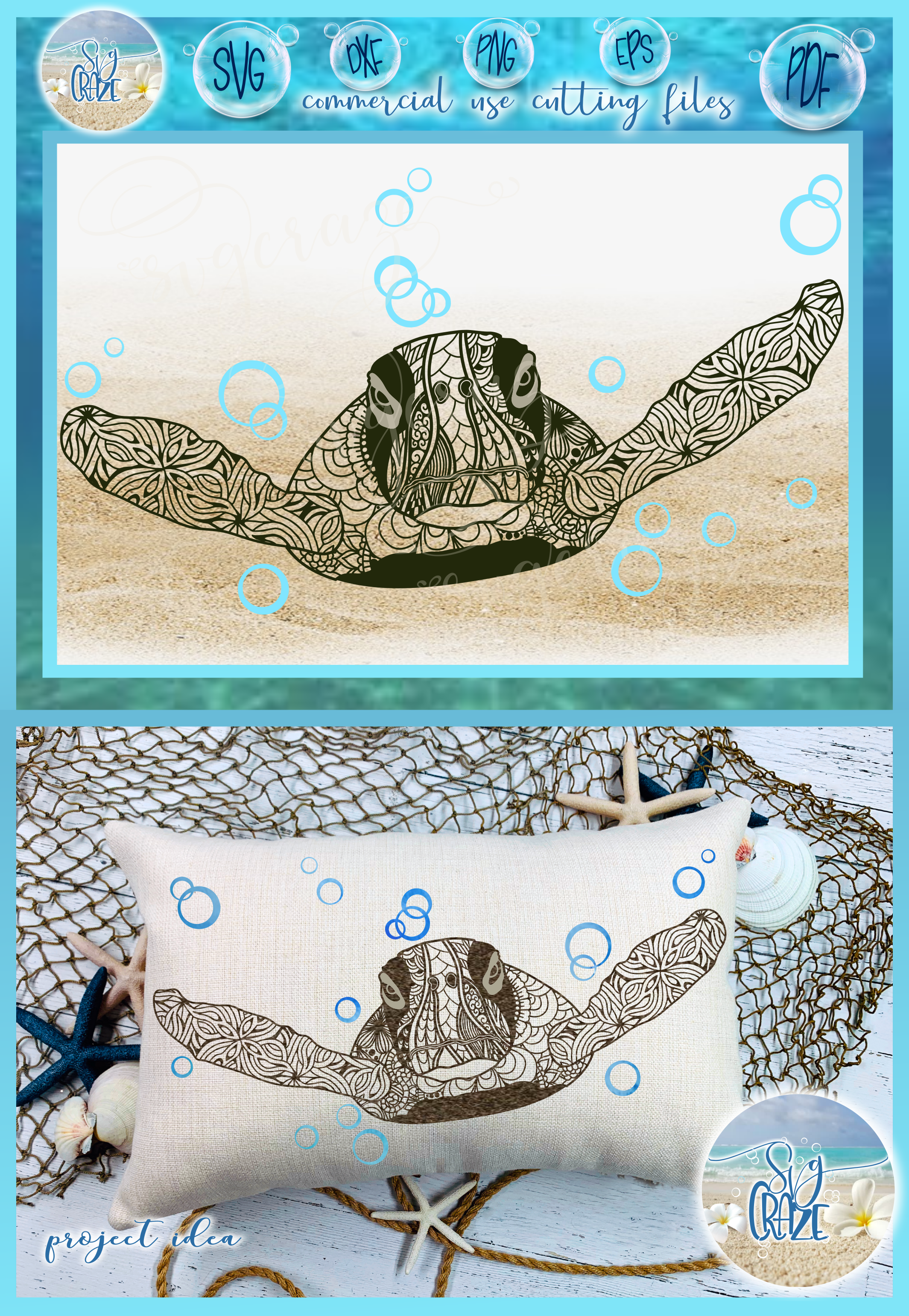 Sea Turtle Mandala Swimming with Bubbles SVG