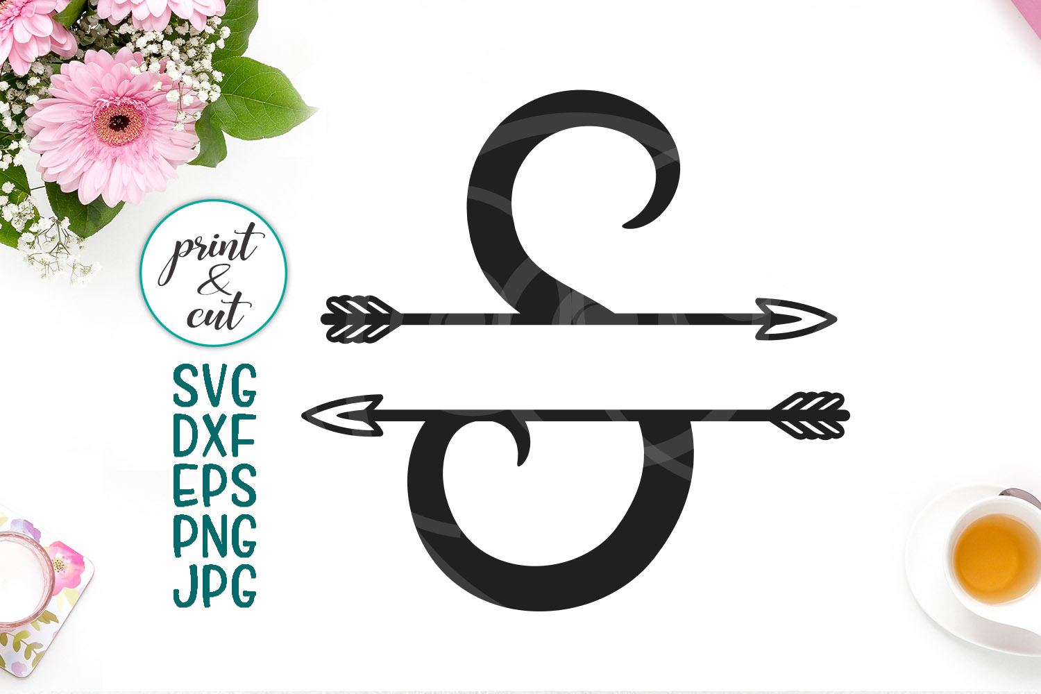 Download Monogram letter S svg dxf cut file, split font with arrows