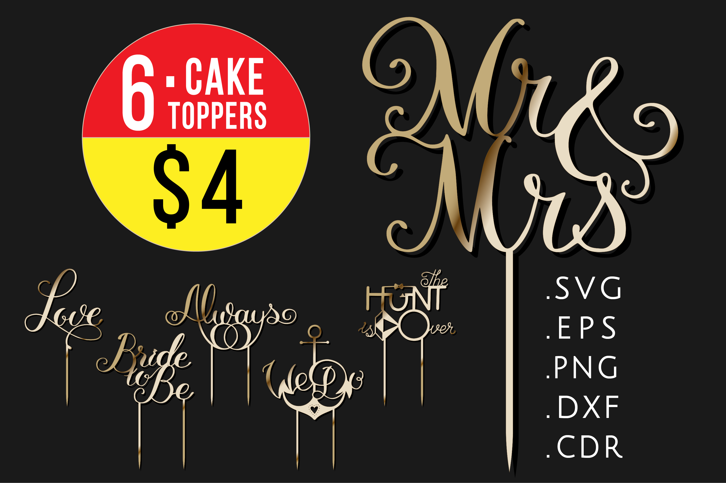 6 Wedding Cake toppers, SVG templates, Mr and Mrs party sign