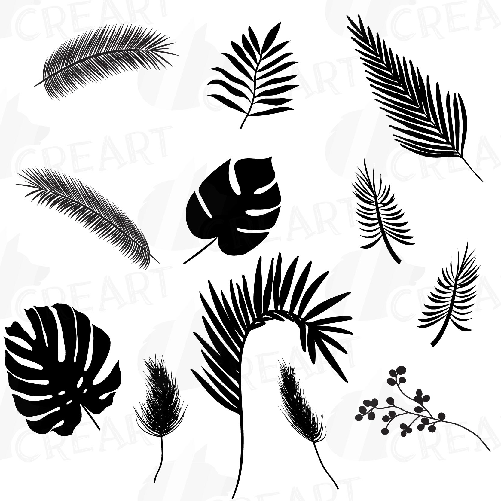 Download Tropical leaf silhouette clip art pack, black and green ...