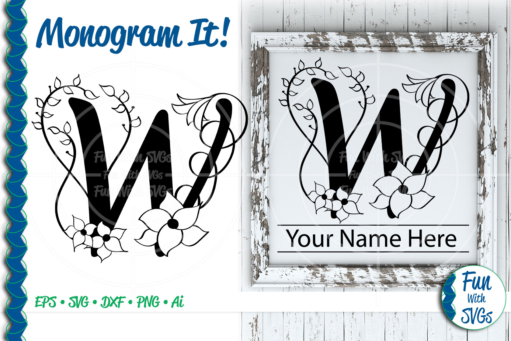 SVG Monogram Letter W, Vector, Cut File, Clip Art, FWS372
