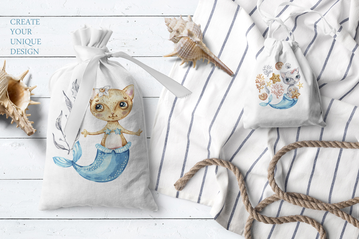 Download Watercolor Cat Mermaid clipart. Seashells clip art