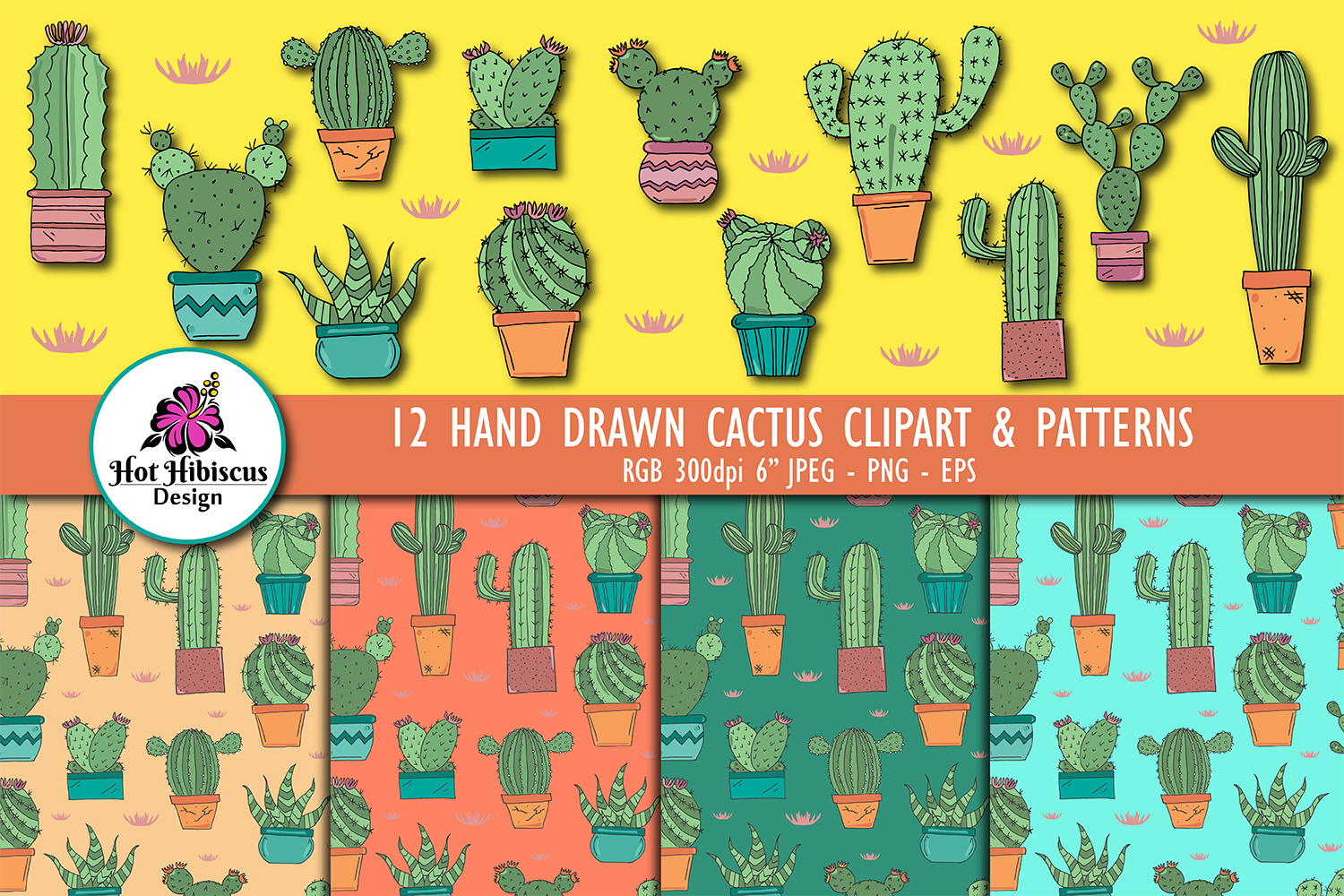 Hand Drawn Cactus Clipart Illustrations and Patterns Bundle