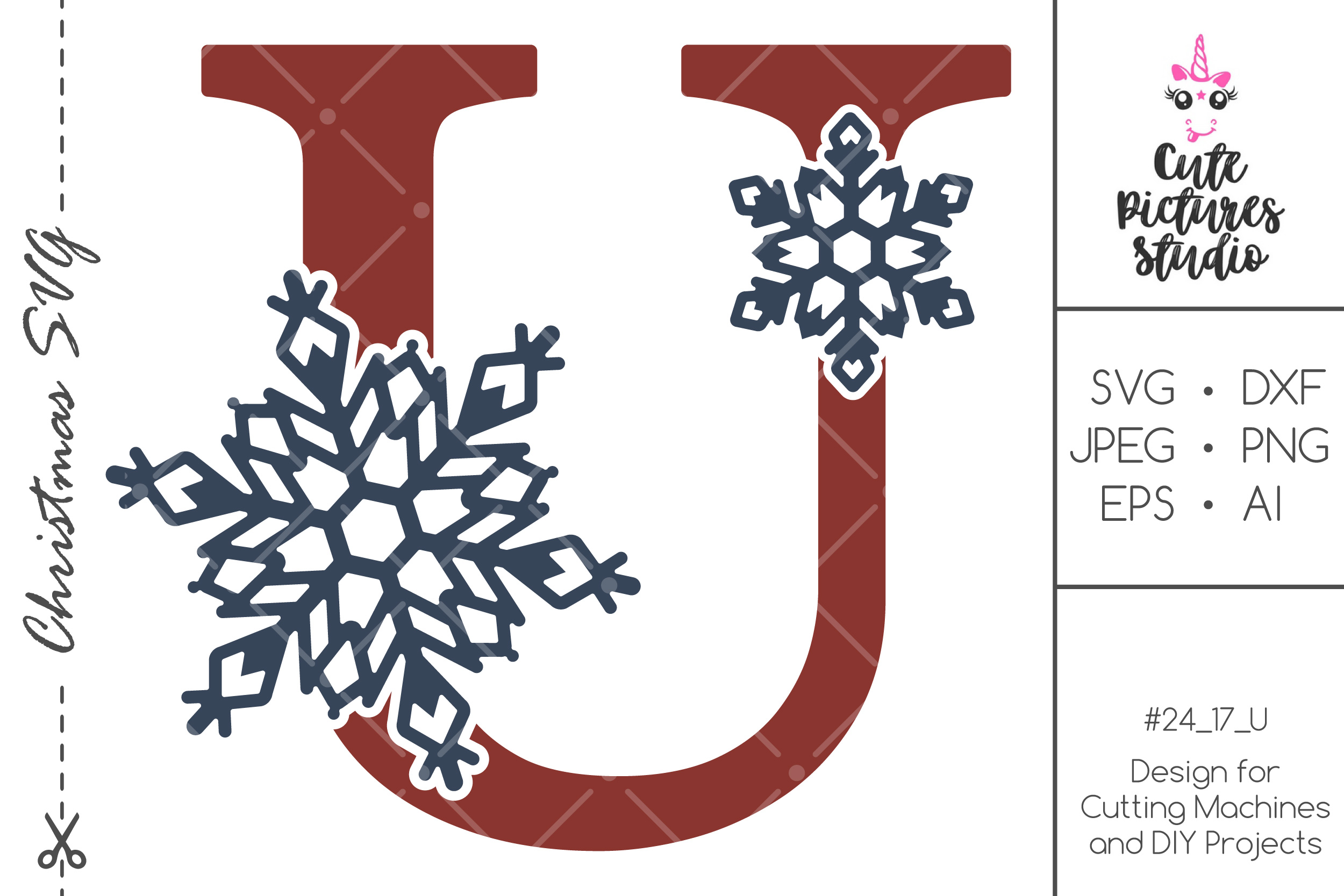 Christmas monogram svg. Snowflake letter 'U' SVG, DXF, PNG