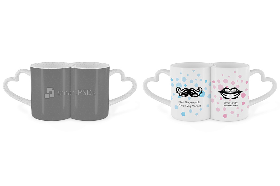Download Full Heart Shape Handle Couple Coffee Mugs Design Mockup