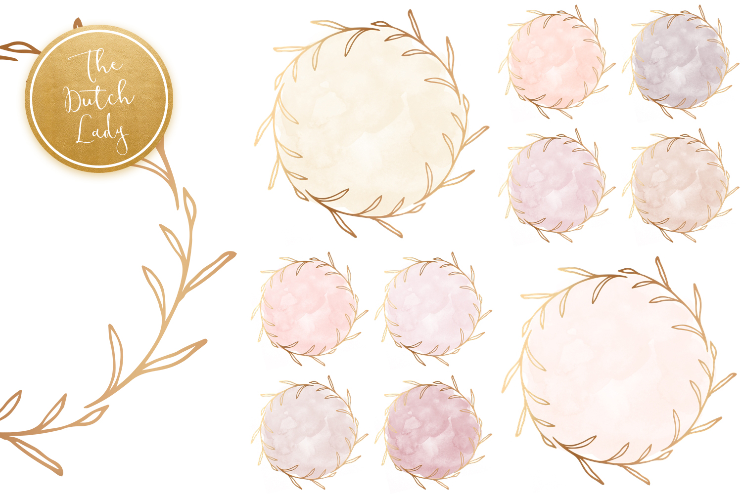 Watercolor Circle & Floral Border Clipart Set