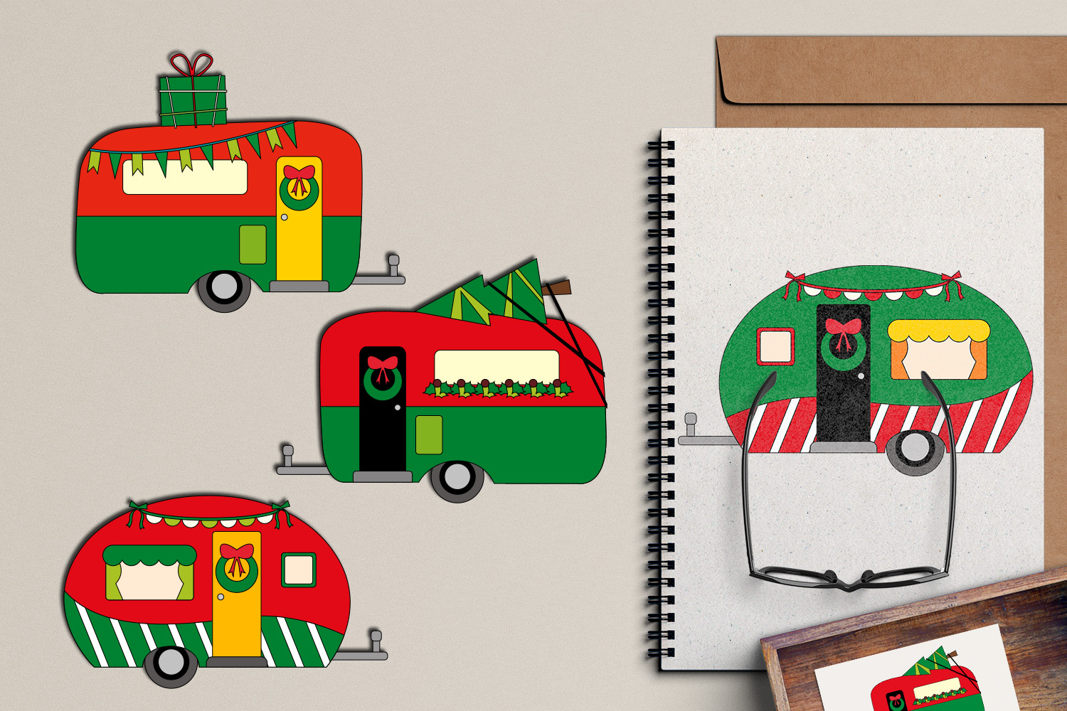 Christmas RV camper caravan clipart graphic illustrations (99694) | Illustrations | Design Bundles