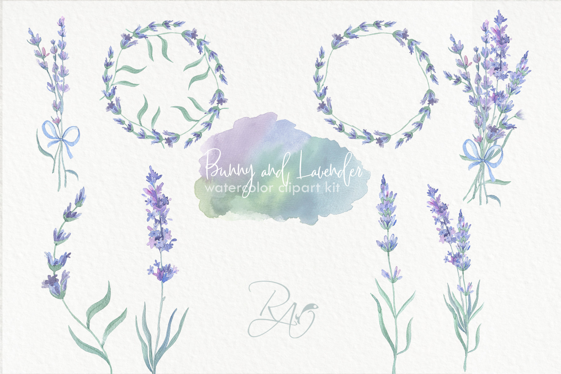 Download Cute watercolor bunny rabbit lavender flowers clipart kit