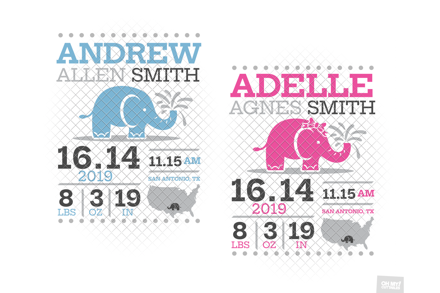 Elephant Birth Announcement SVG Ear Birth Stats Template