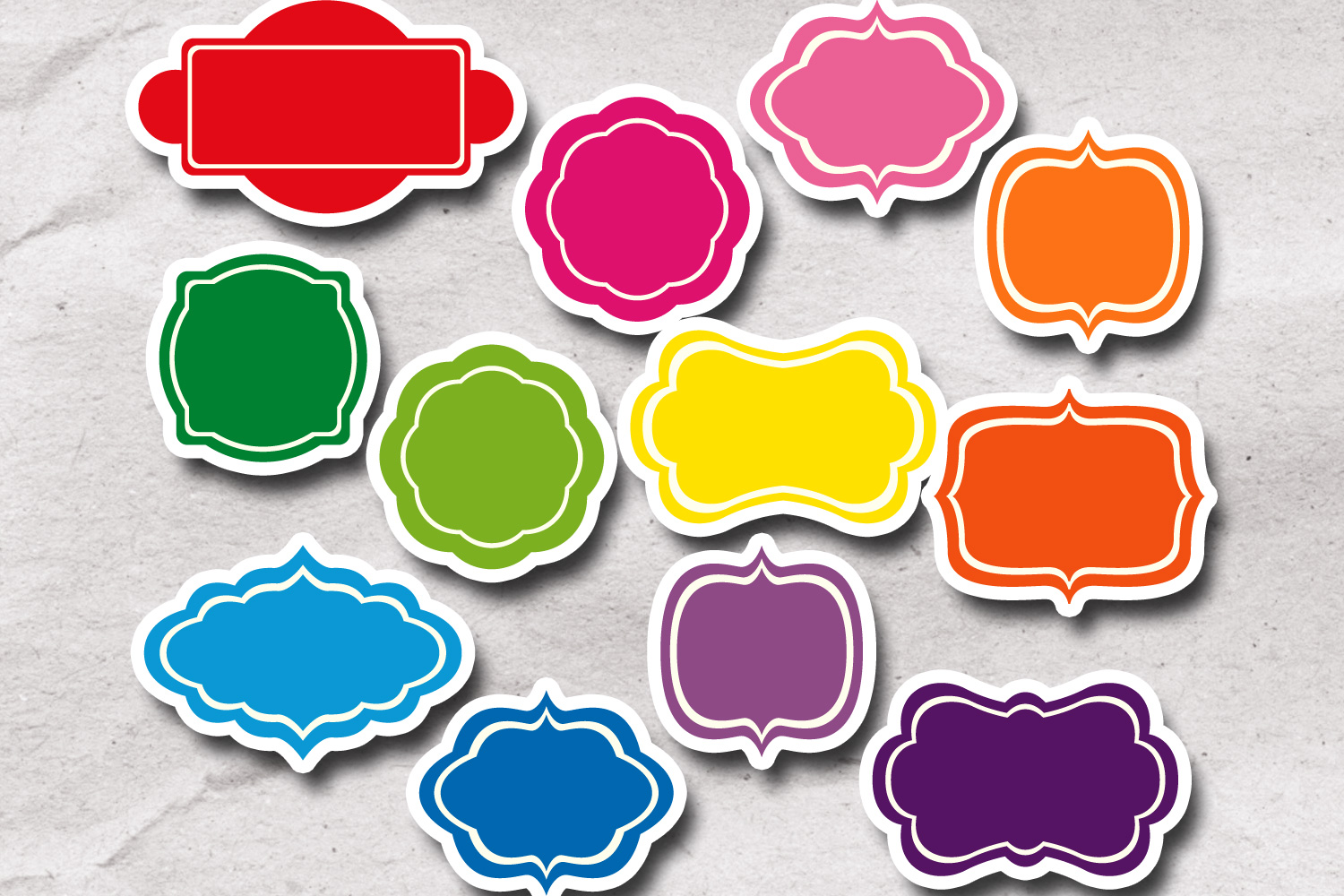 Simple frames tags labels clipart graphics, rainbow colors