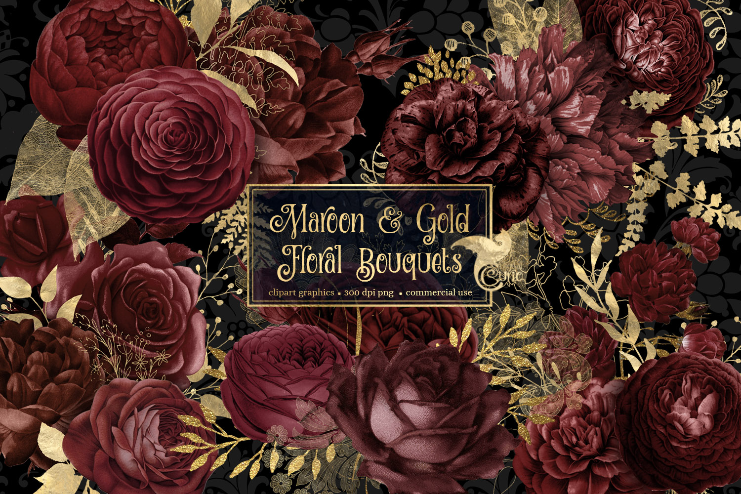 Maroon and Gold Floral Bouquets (277029) Illustrations Design Bundles