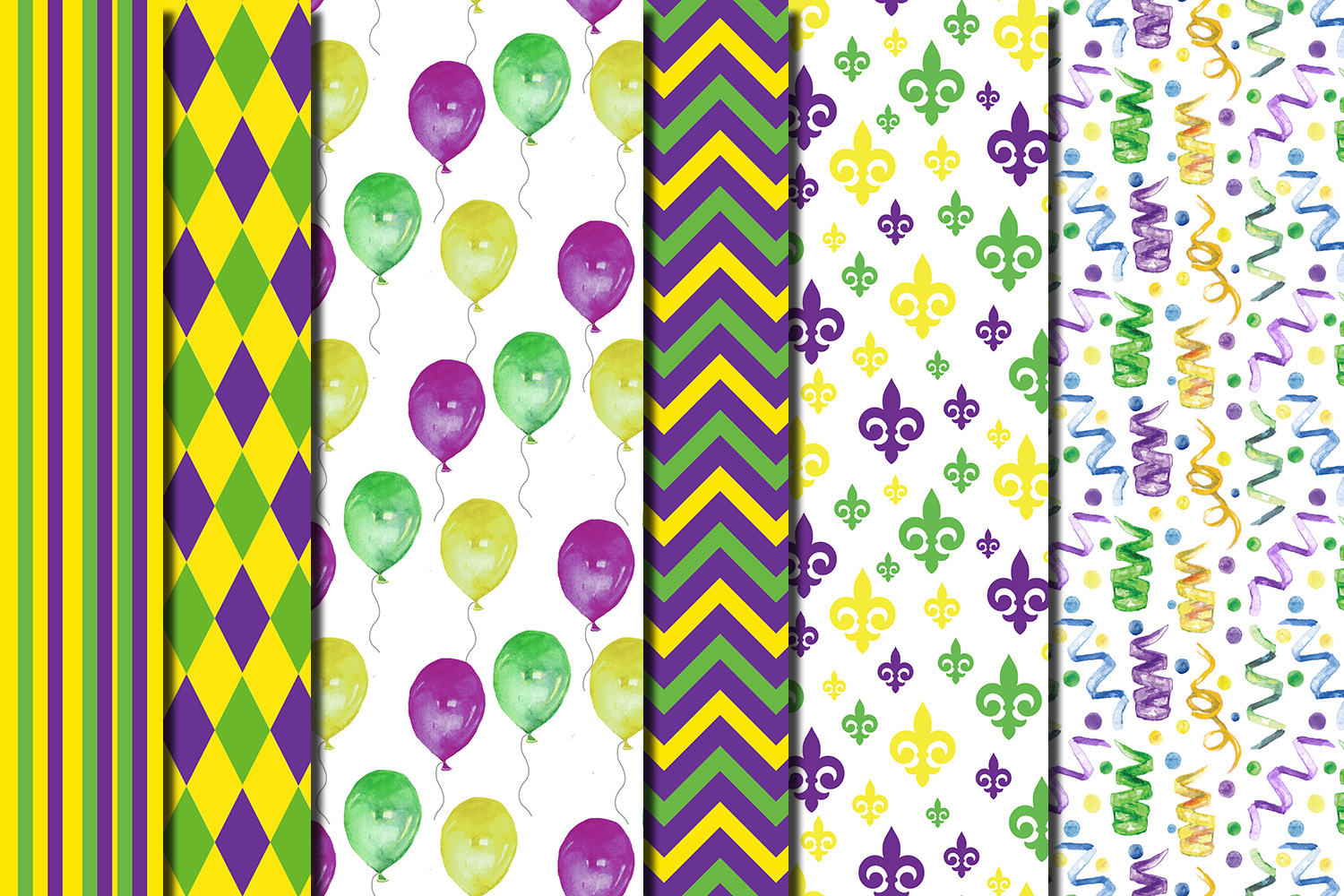 Watercolor Mardi Gras seamless digital paper pack (26268) | Backgrounds