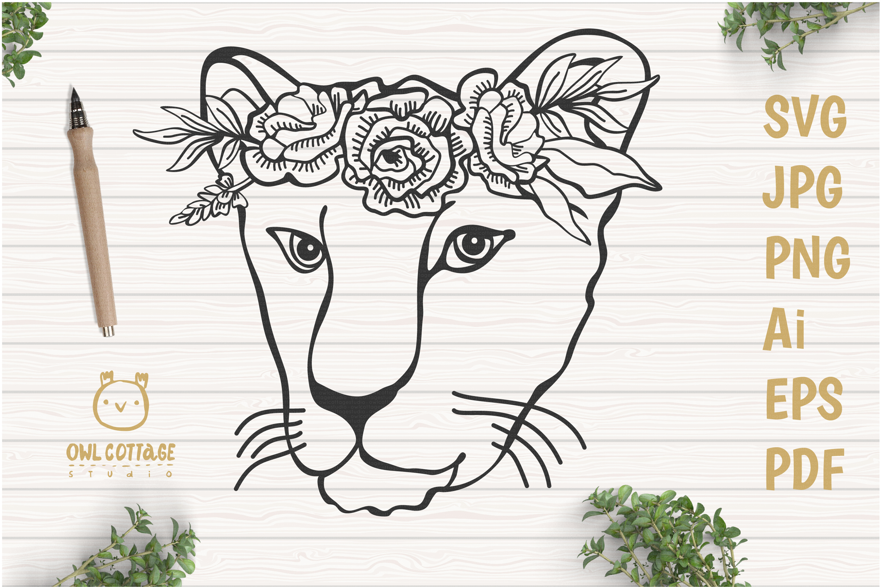 Download Lioness with floral crown SVG, Tattoo Decor Cut File ...