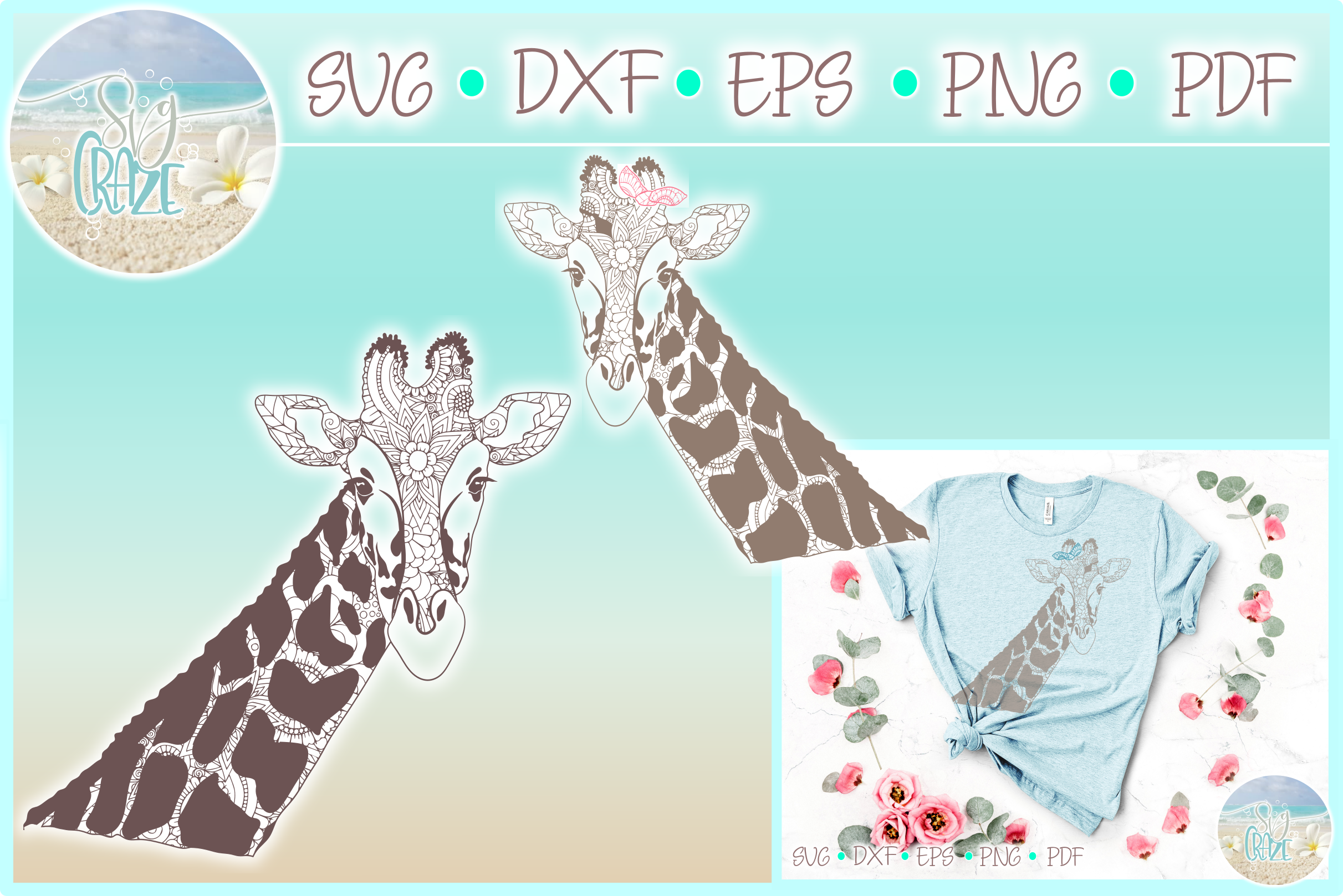 Giraffe with Bow Mandala Zentangle SVG Dxf Eps Png PDF