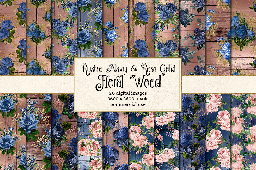 Download Rustic Navy and Rose Gold Floral Wood Digital Paper