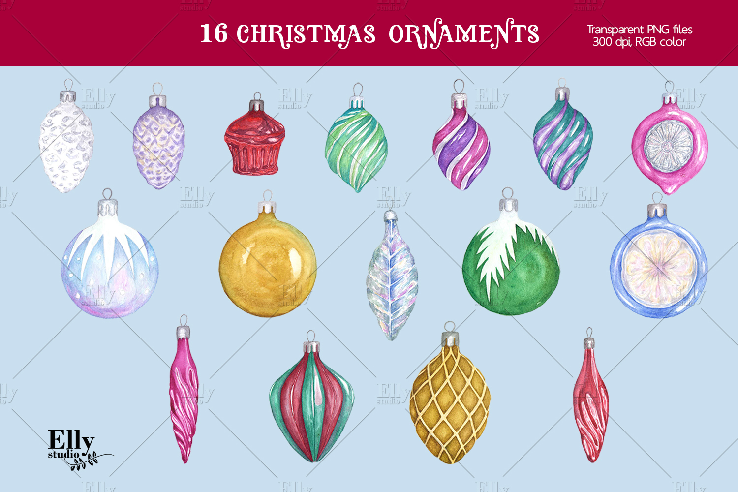 Clip Art Watercolor Christmas Ornaments