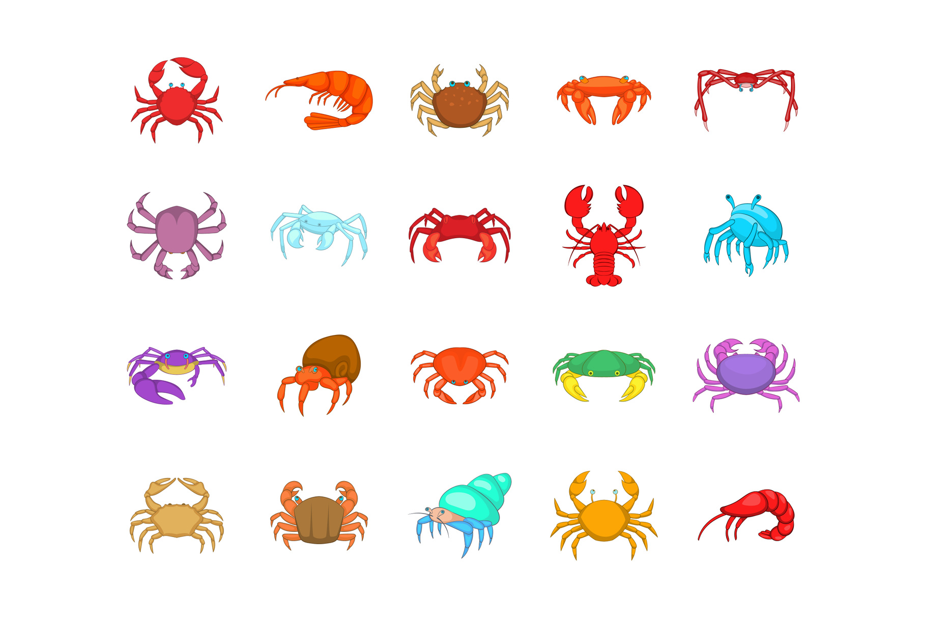 Crab icon set, cartoon style