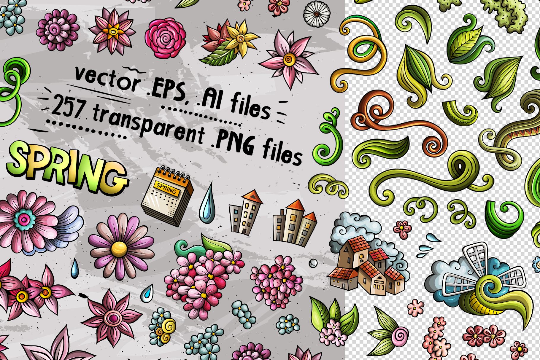 Spring Cartoon Vector Objects Set