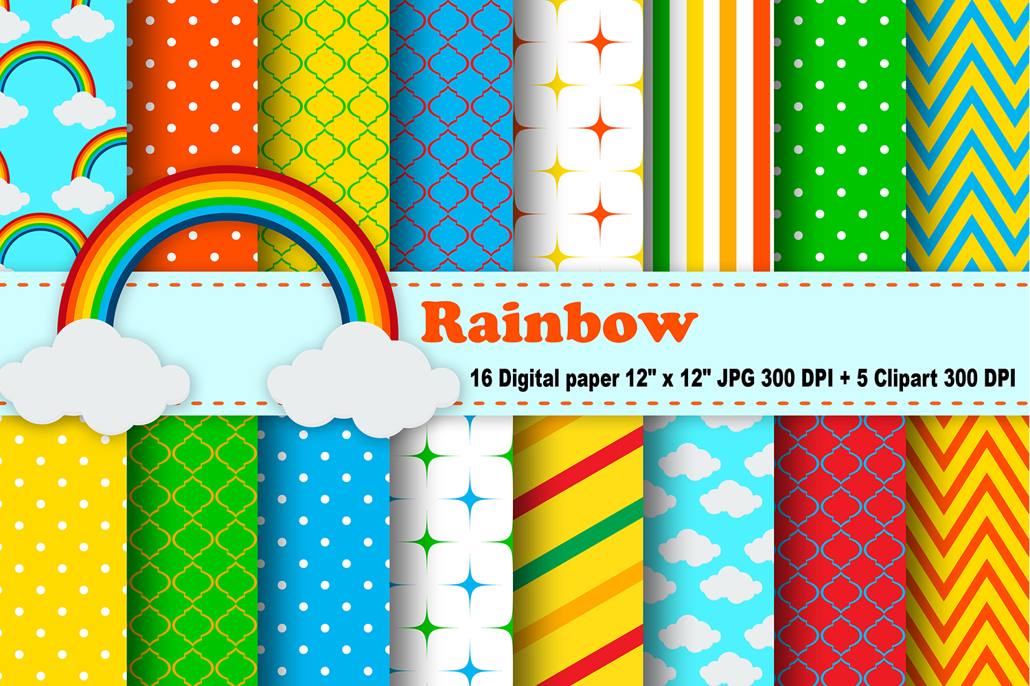 Rainbow Digital Paper, Cloud Background, Rainbow Pattern, Scrapbooking