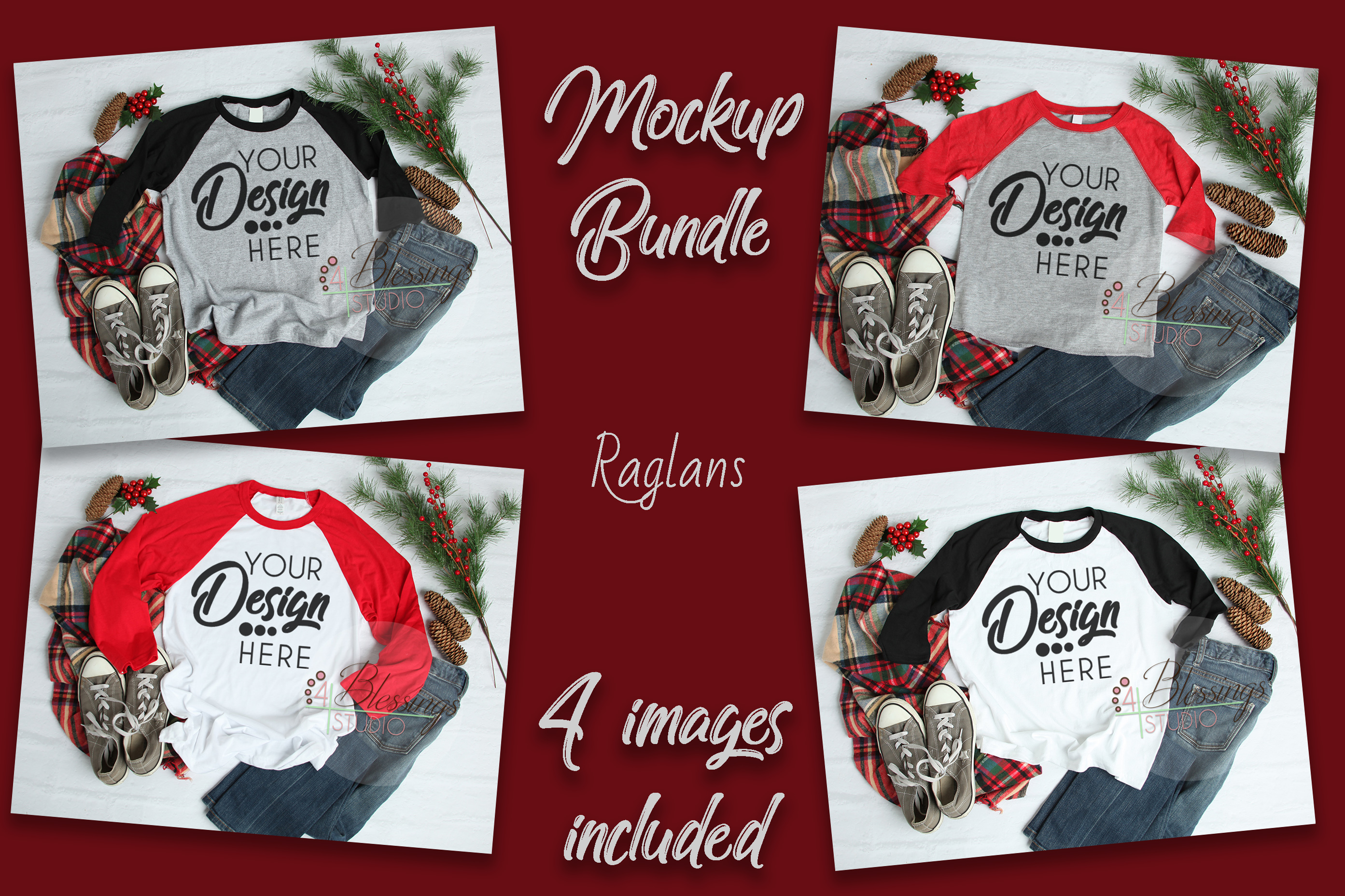 Download Christmas Raglan Mockup Bundle T Shirt Flat Lay 4 Images