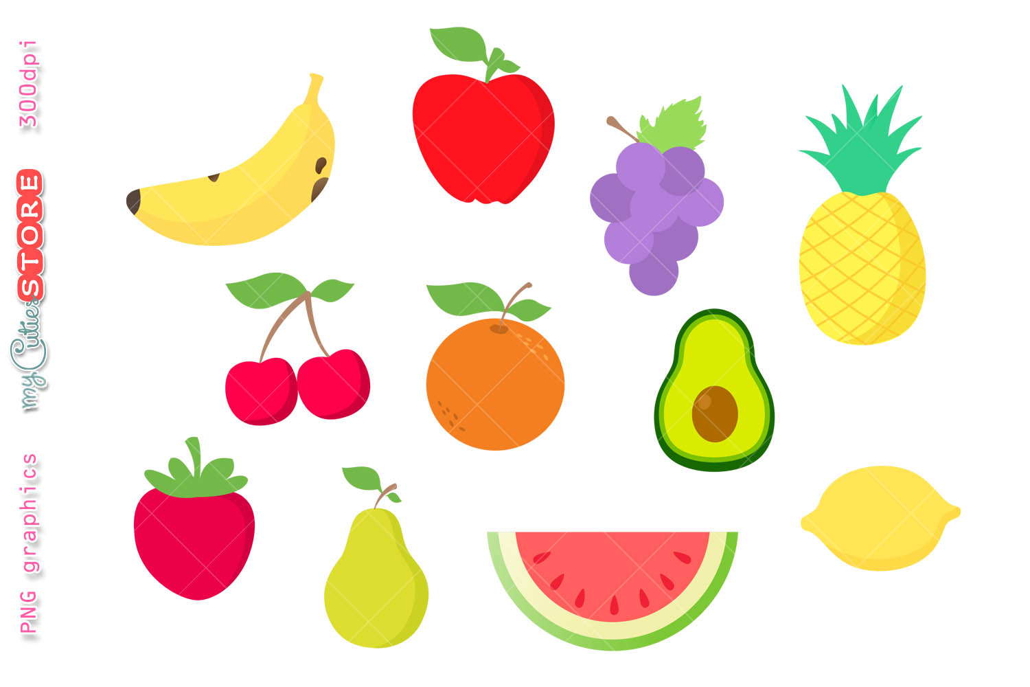 Collection of kawaii fruits clipart. Watermelon, pinneapple.