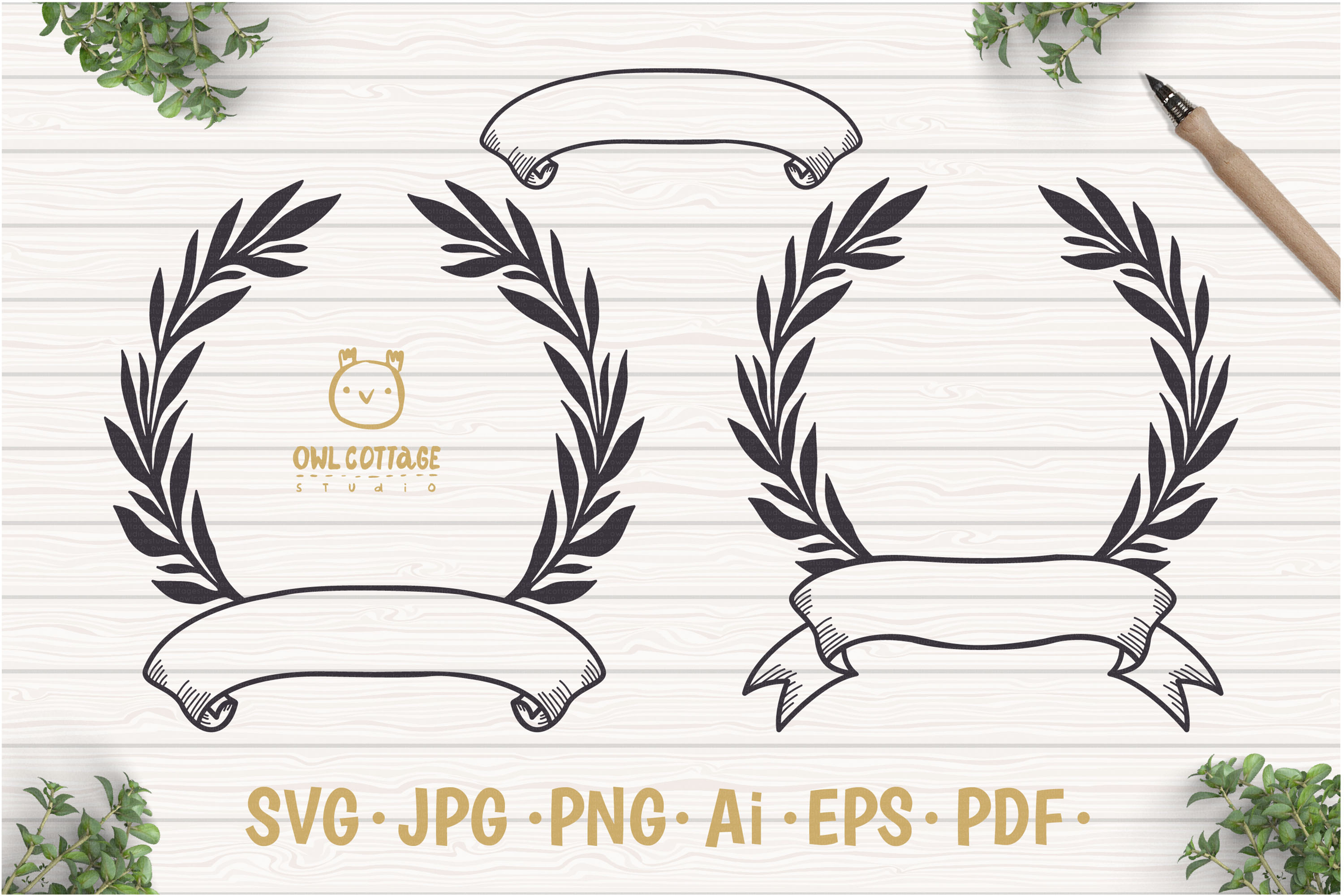 Download Laurel Leaf Ribbon Banner SVG, Floral Monogram, Wedding Sign