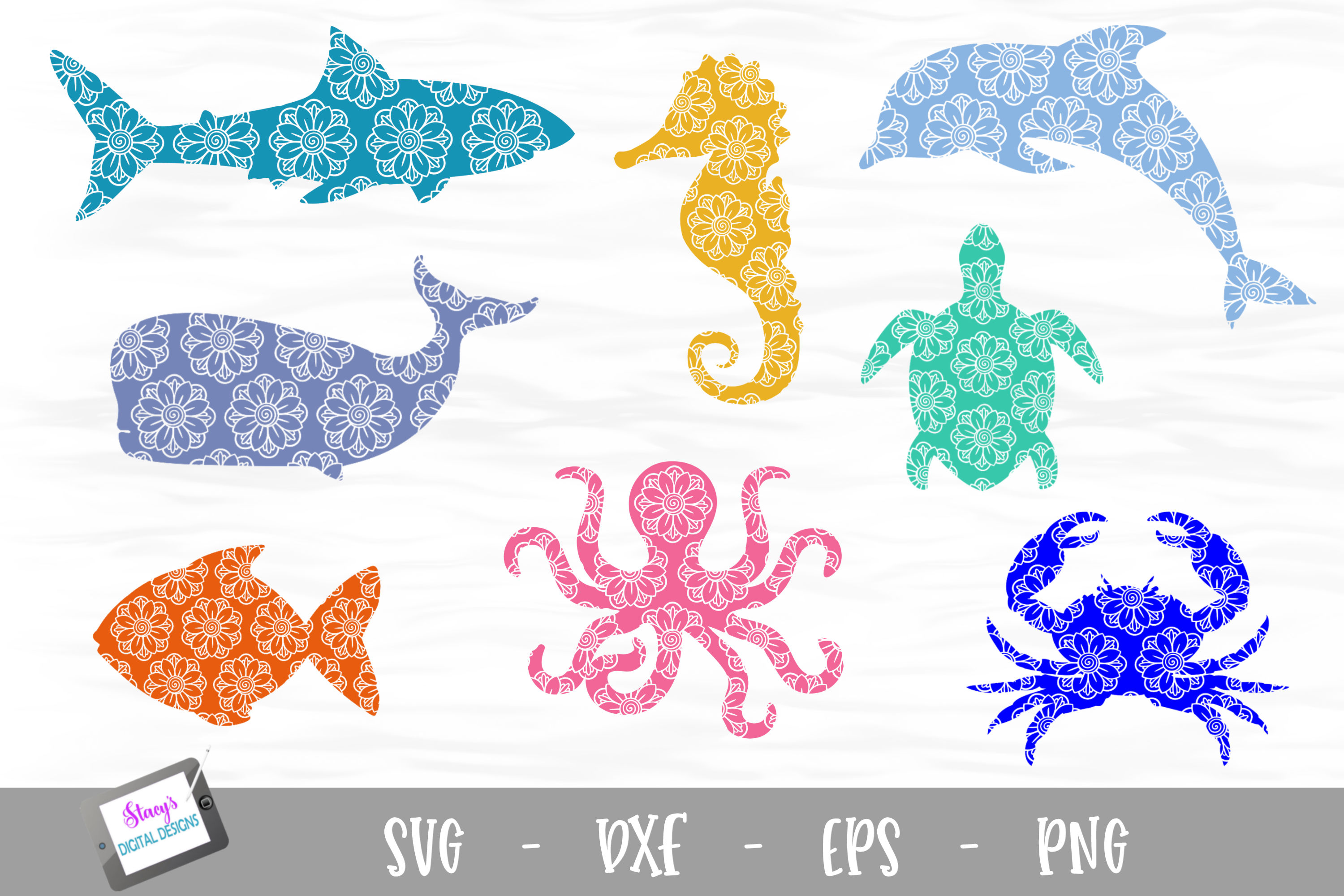 Download Sea Animal SVG Bundle - 8 SVGs with floral mandala pattern