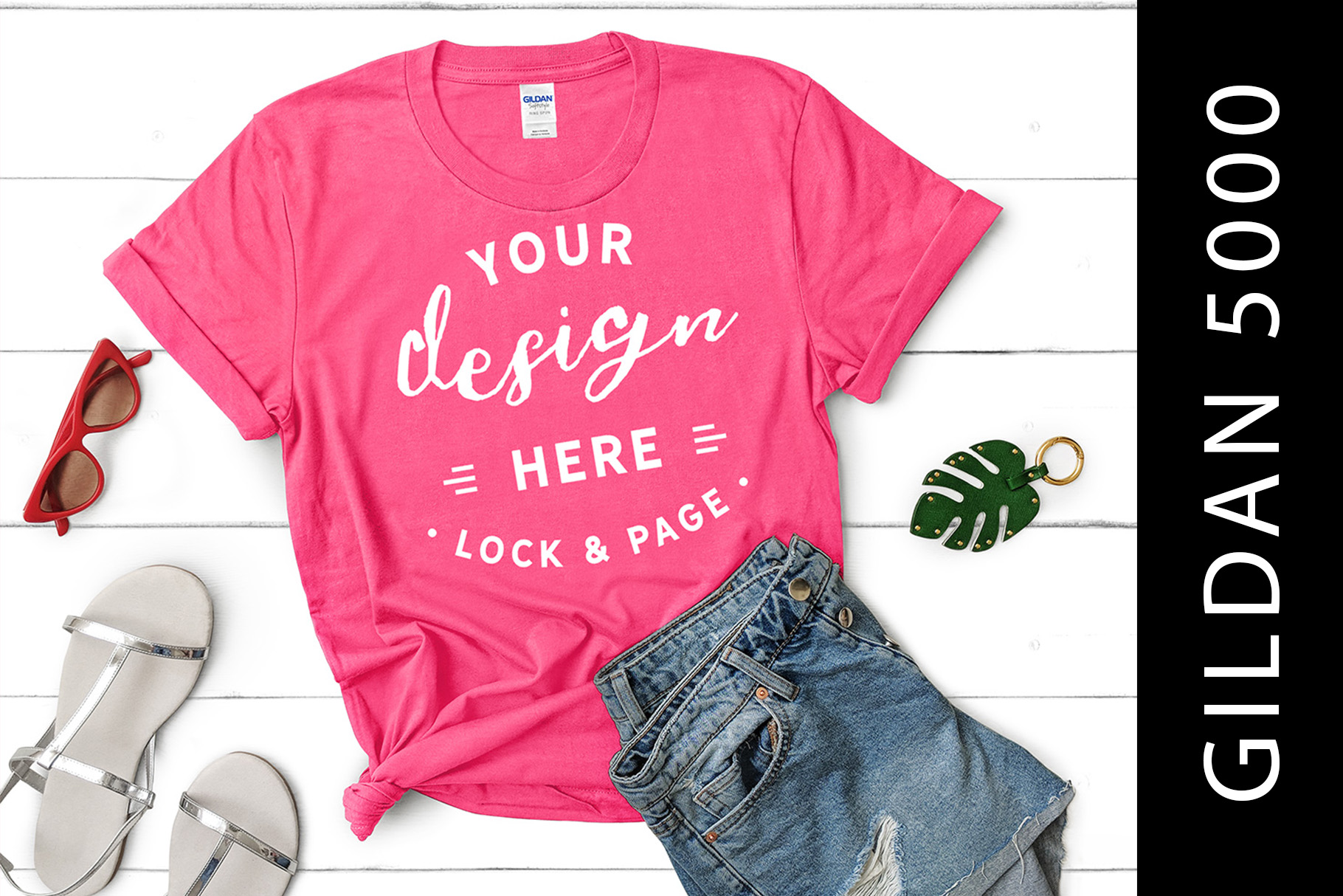 Download Safety Pink Gildan 5000 Women's Knotted T-Shirt Mockup (234260) | Mock Ups | Design Bundles