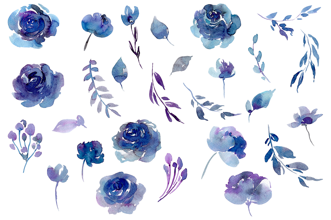 Watercolor Dark Blue Flowers Leaves example image 2.