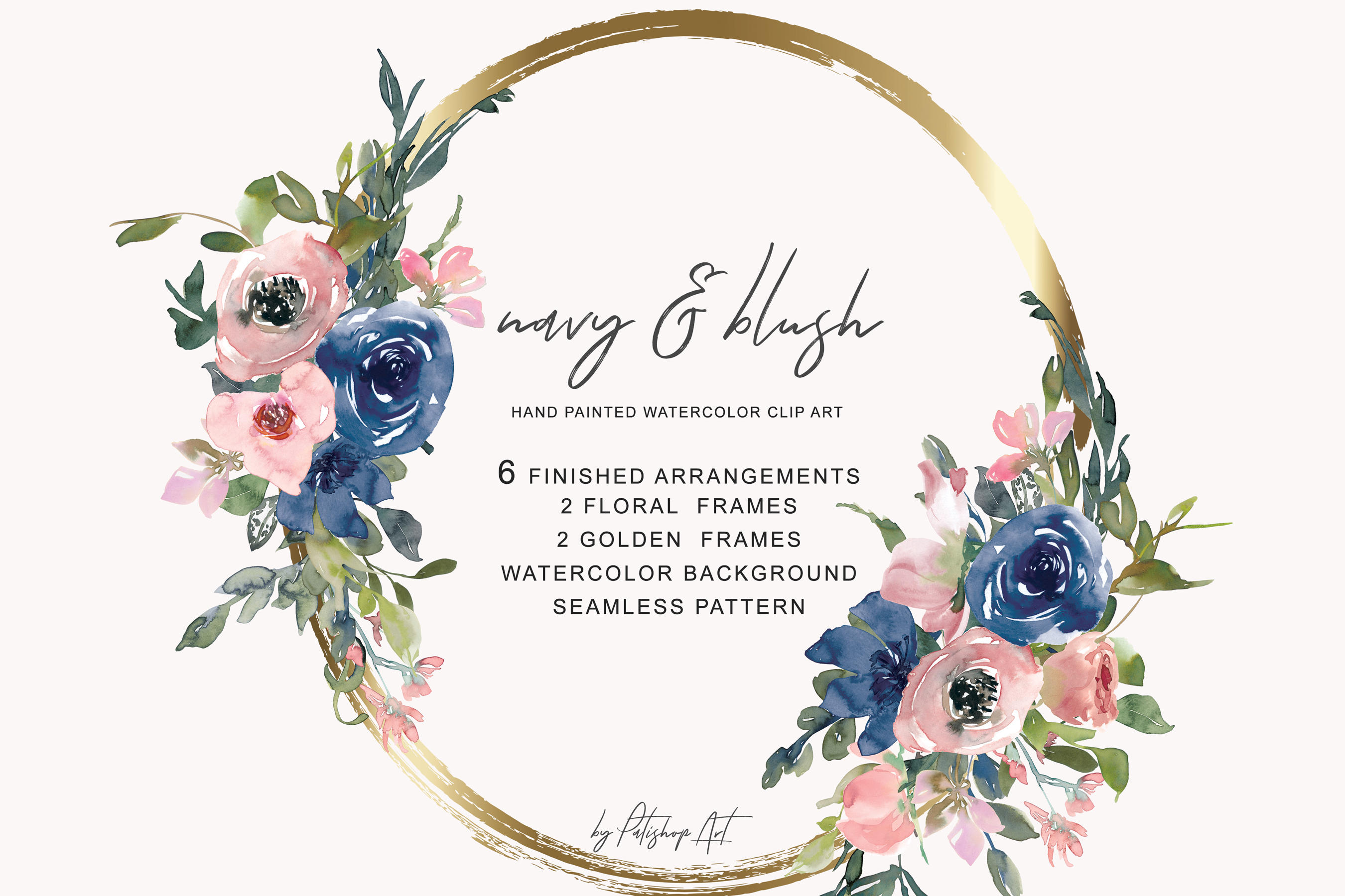 Watercolor Navy and Blush Floral Bouquet Clipart (220413 ...