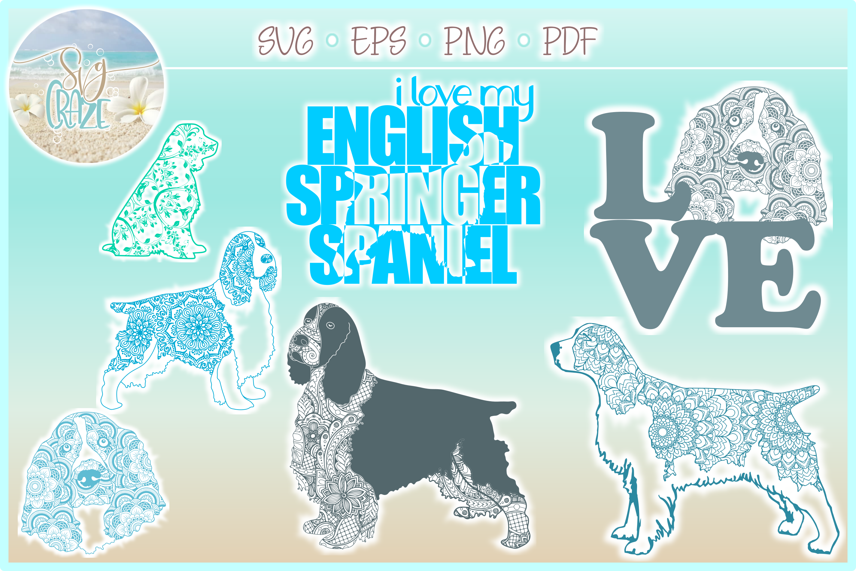 English Springer Spaniel Mandala Zentangle Bundle Svg