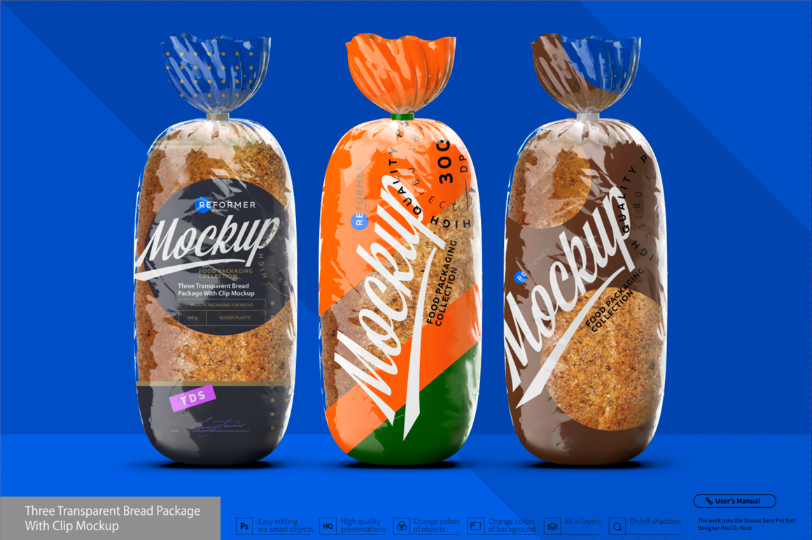 Download Three Transparent Bread Package with Clip Mockup (126116 ...