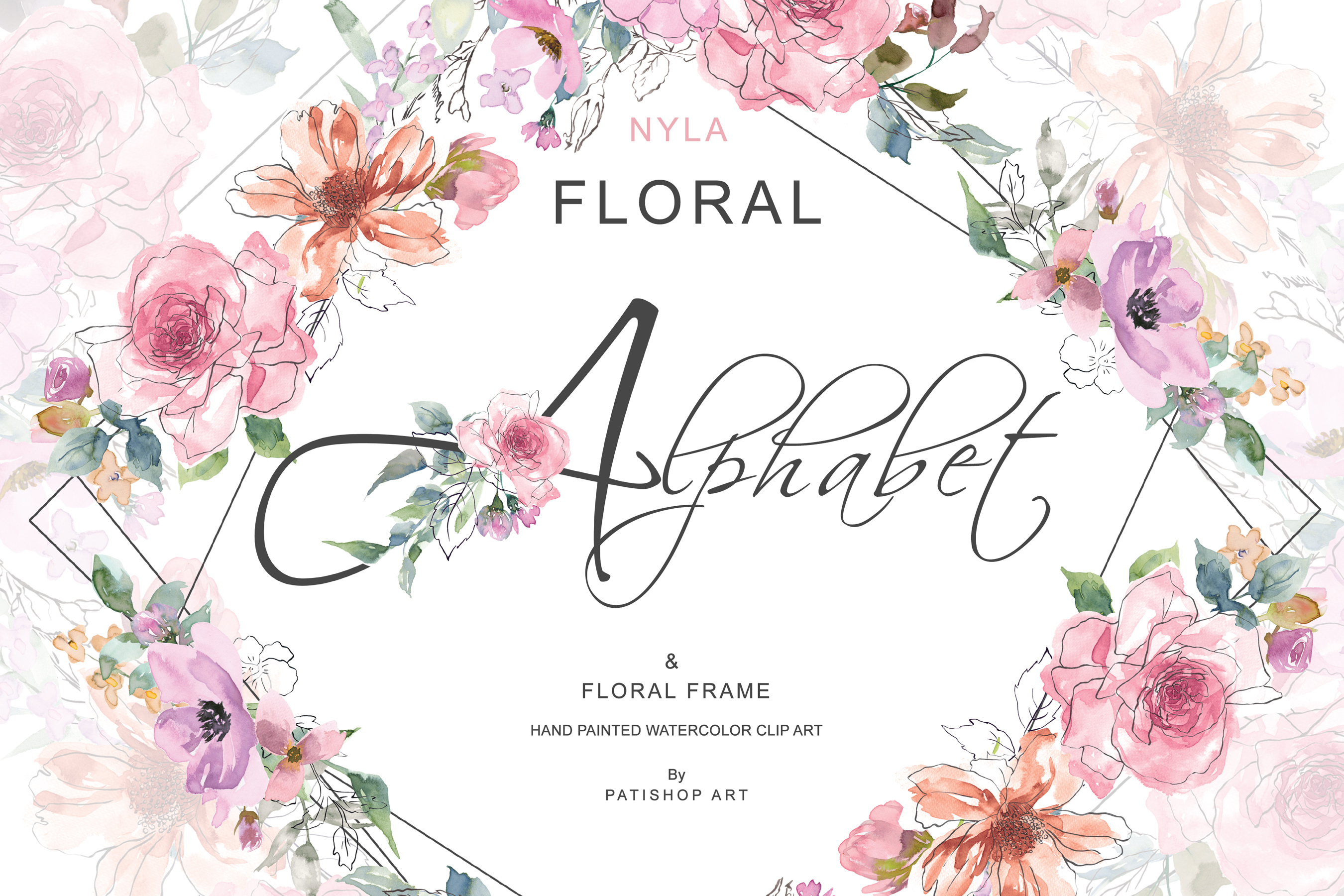 Download Sketch Style Pink Blush Floral Alphabet and Floral Frame